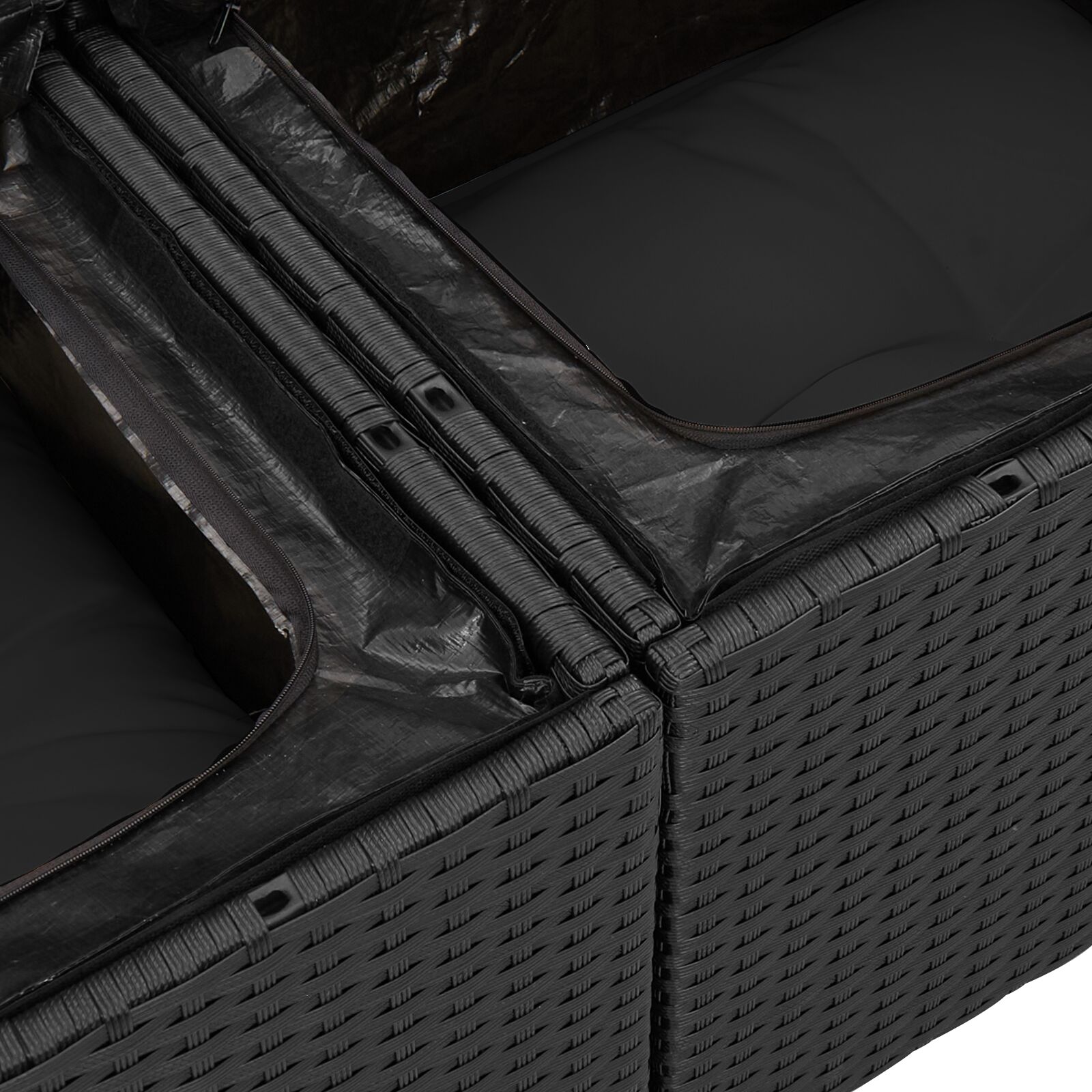 11 darabos kerti kanapé szett párnákkal, fekete, poli rattan, akác