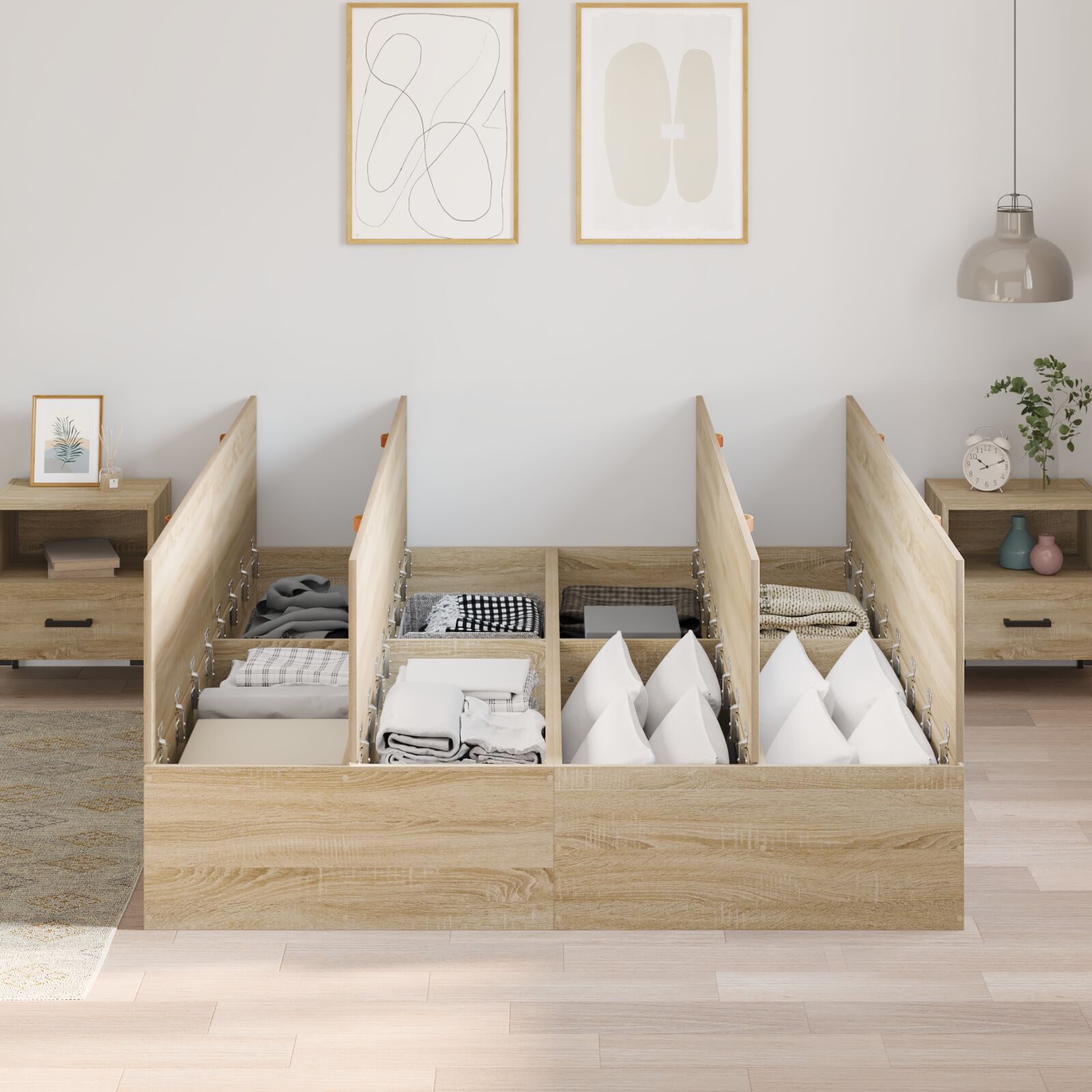 Ágy tárolóval sonoma tölgy épített fa 140 x 200 cm masszív