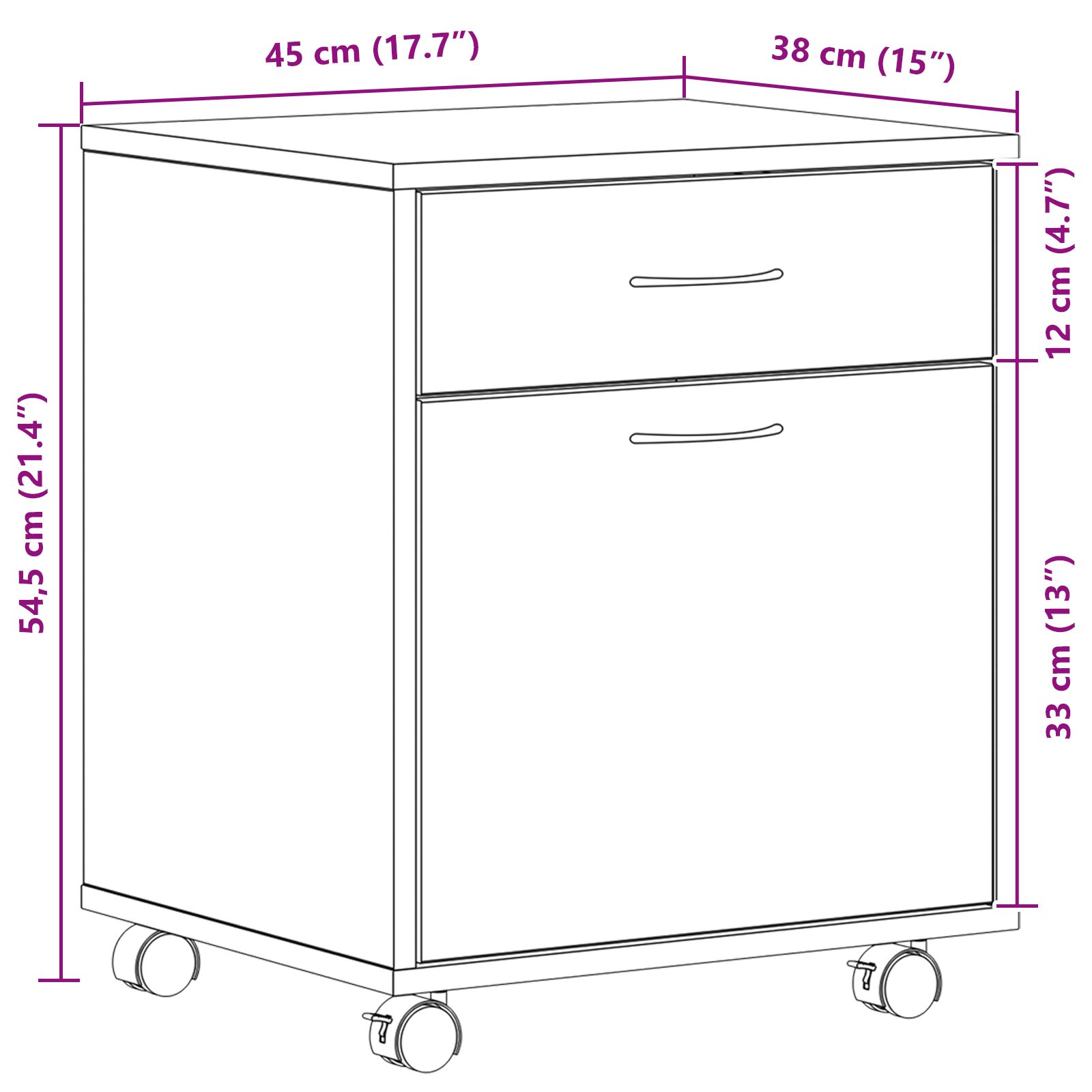 Görgős szekrény fekete tölgy 45x38x54 cm műanyag fa