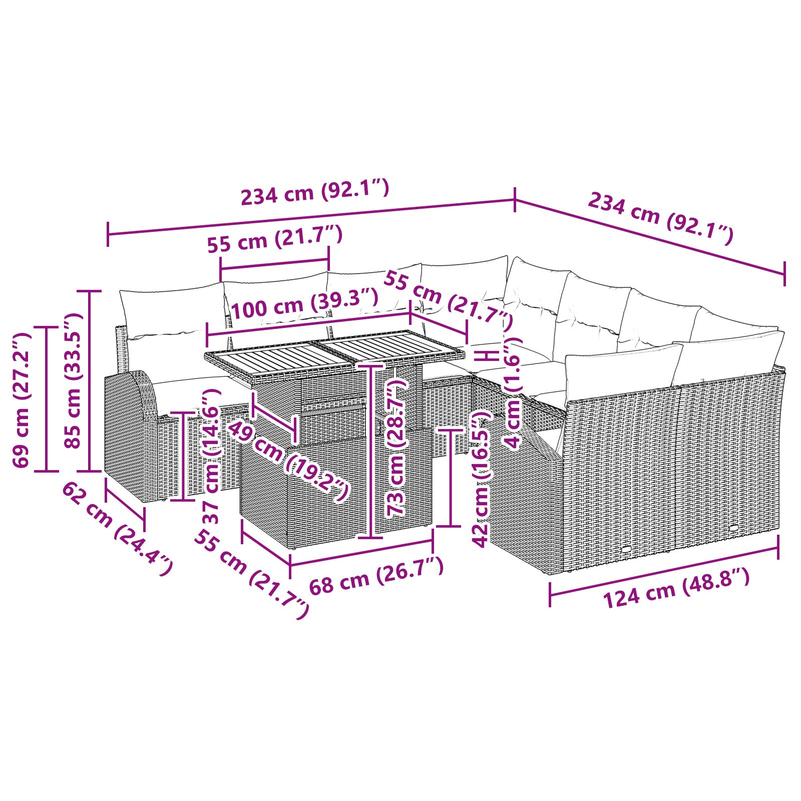 9 darabos kerti étkező szett párnákkal fekete poli rattan akácia