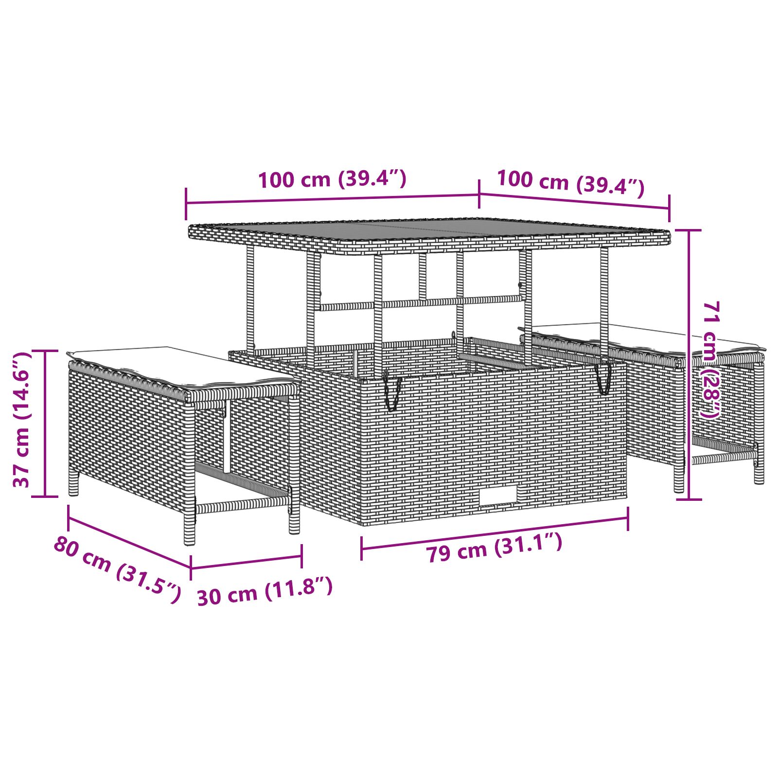8 darabos kerti kanapé szett párnákkal fekete poly rattan akác, 3 darabos kerti étkező szett párnákkal fekete poly rattan akác