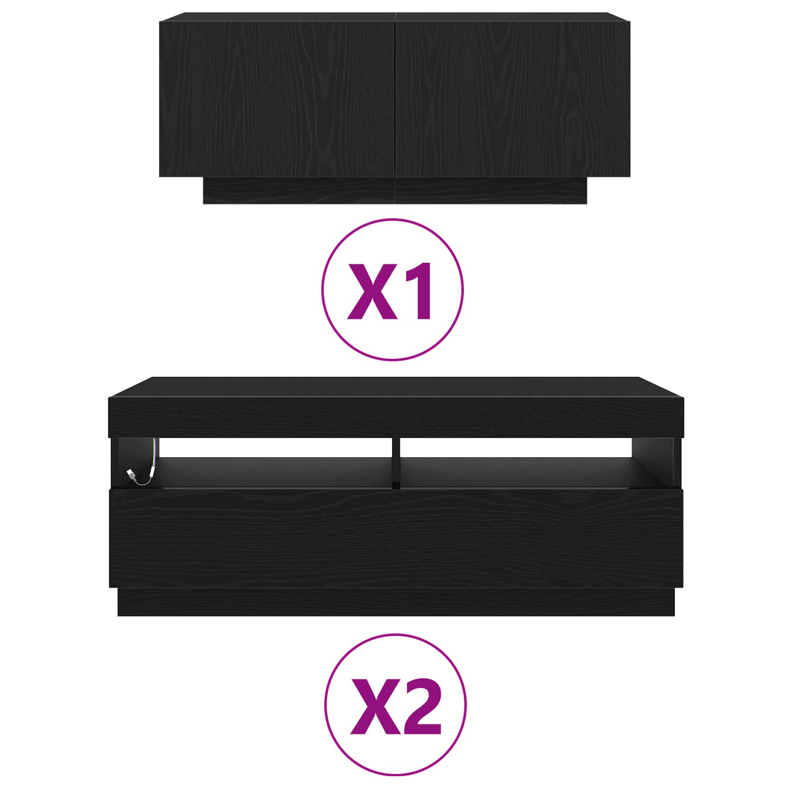 Tv állvány led világítással, fekete tölgyből, 300x35x40 cm, mérnöki fa