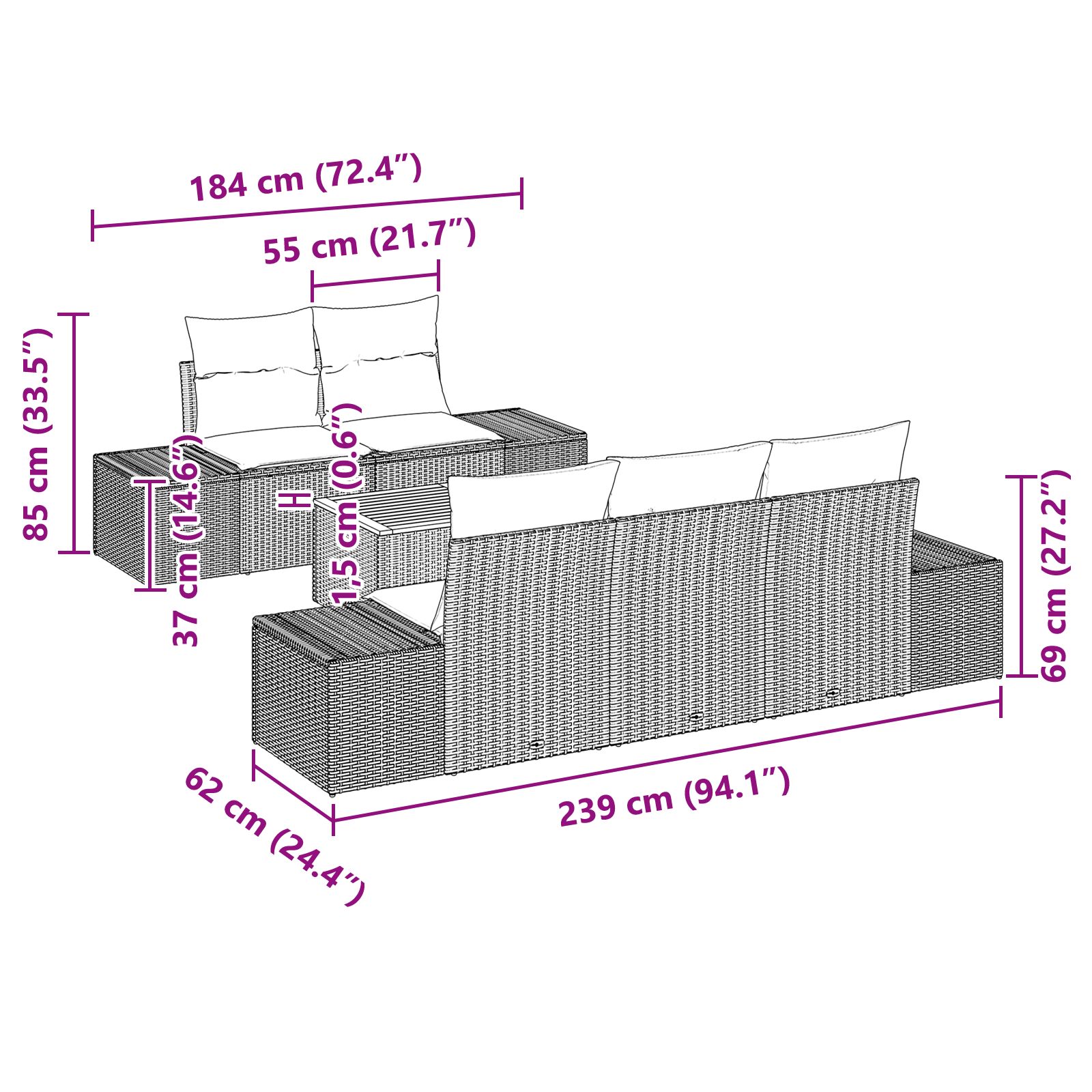 6 részes kerti kanapé szett párnákkal fekete poli rattan akáccal