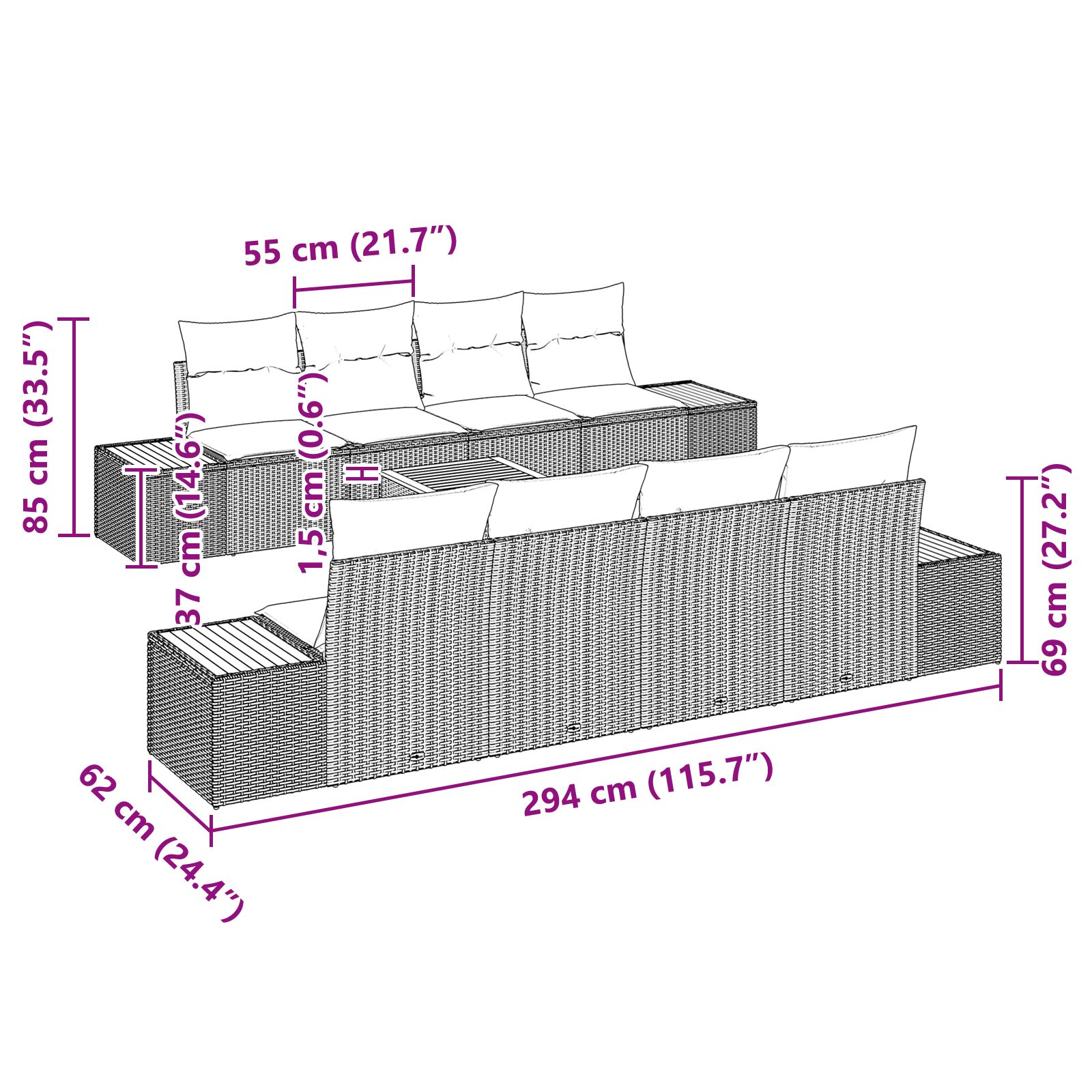 9 darabos kert kanapé szett párnákkal fekete poli rattan akácia