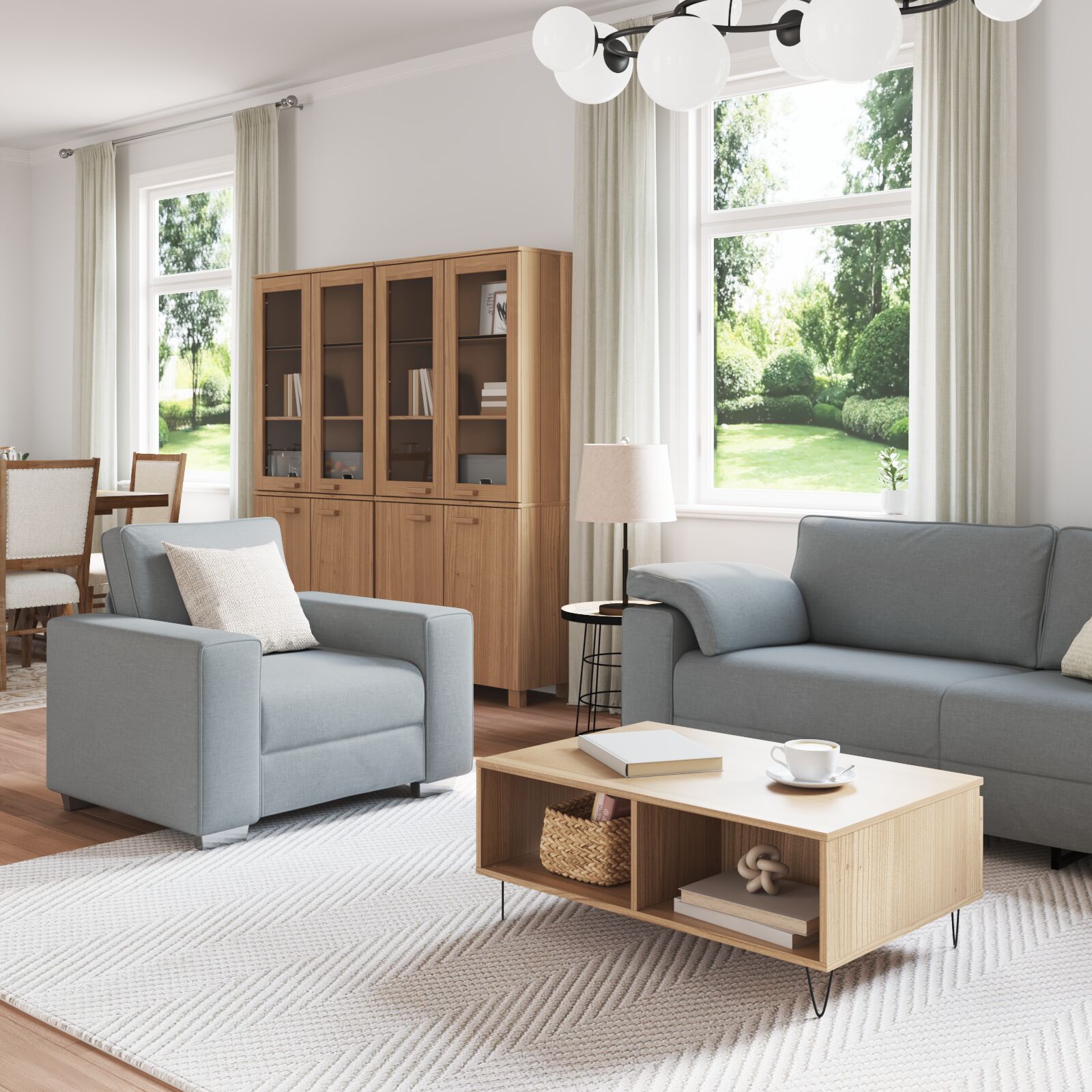 3 részes kanapé szett párnákkal, világosszürke anyagból