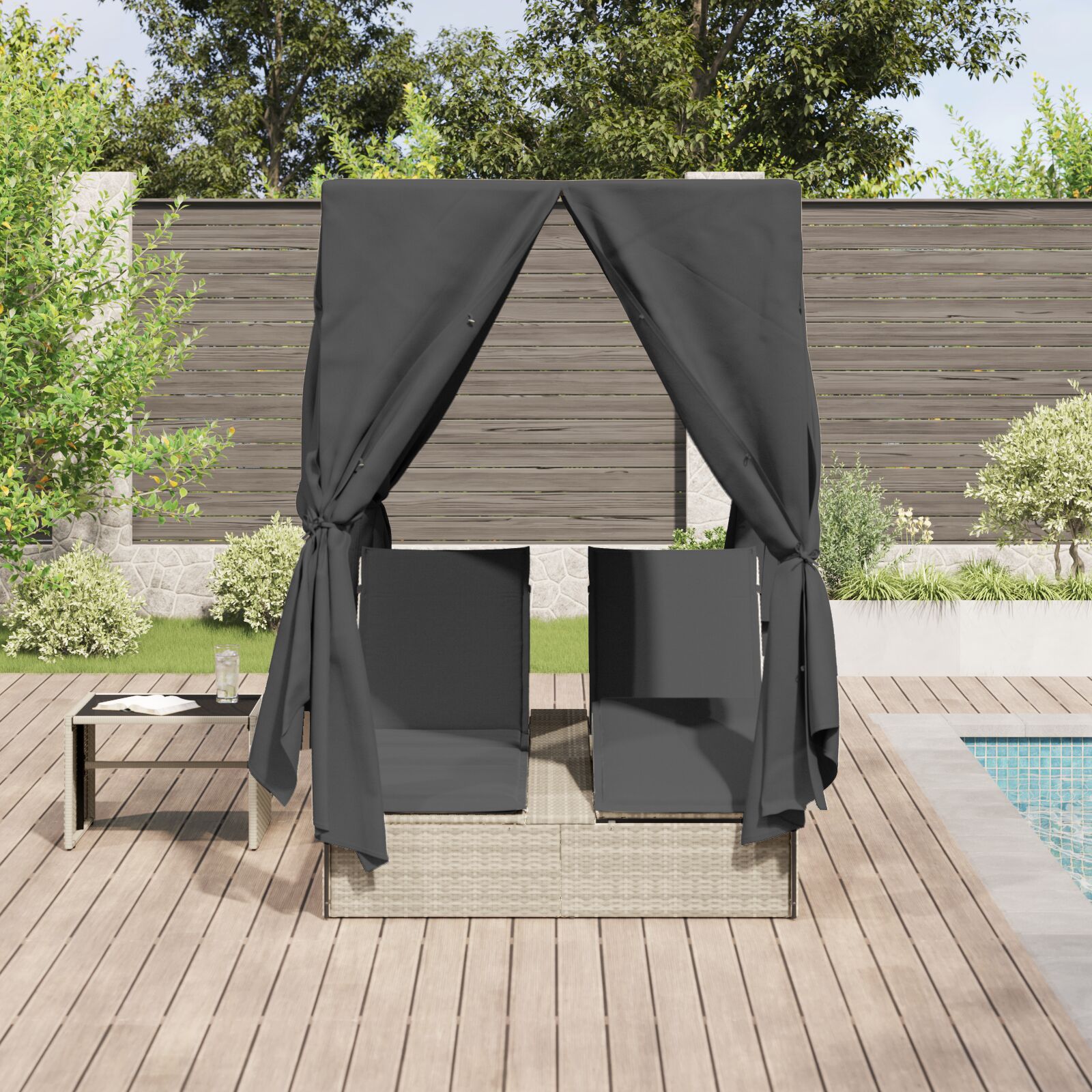 Dupla napágy tetővel és függönyökkel világosszürke poli rattan