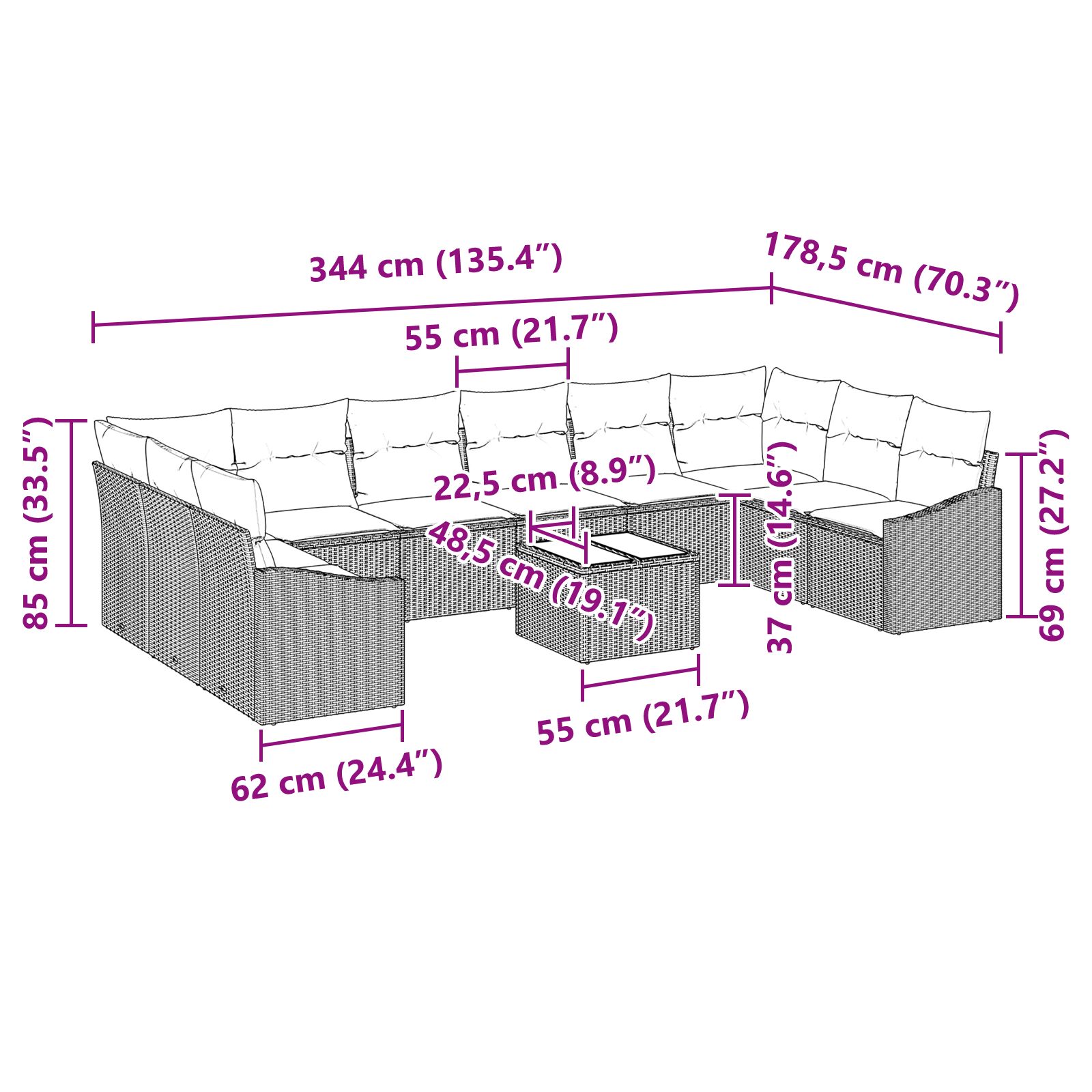 11 darabos kerti kanapé szett párnákkal szürke polirattan
