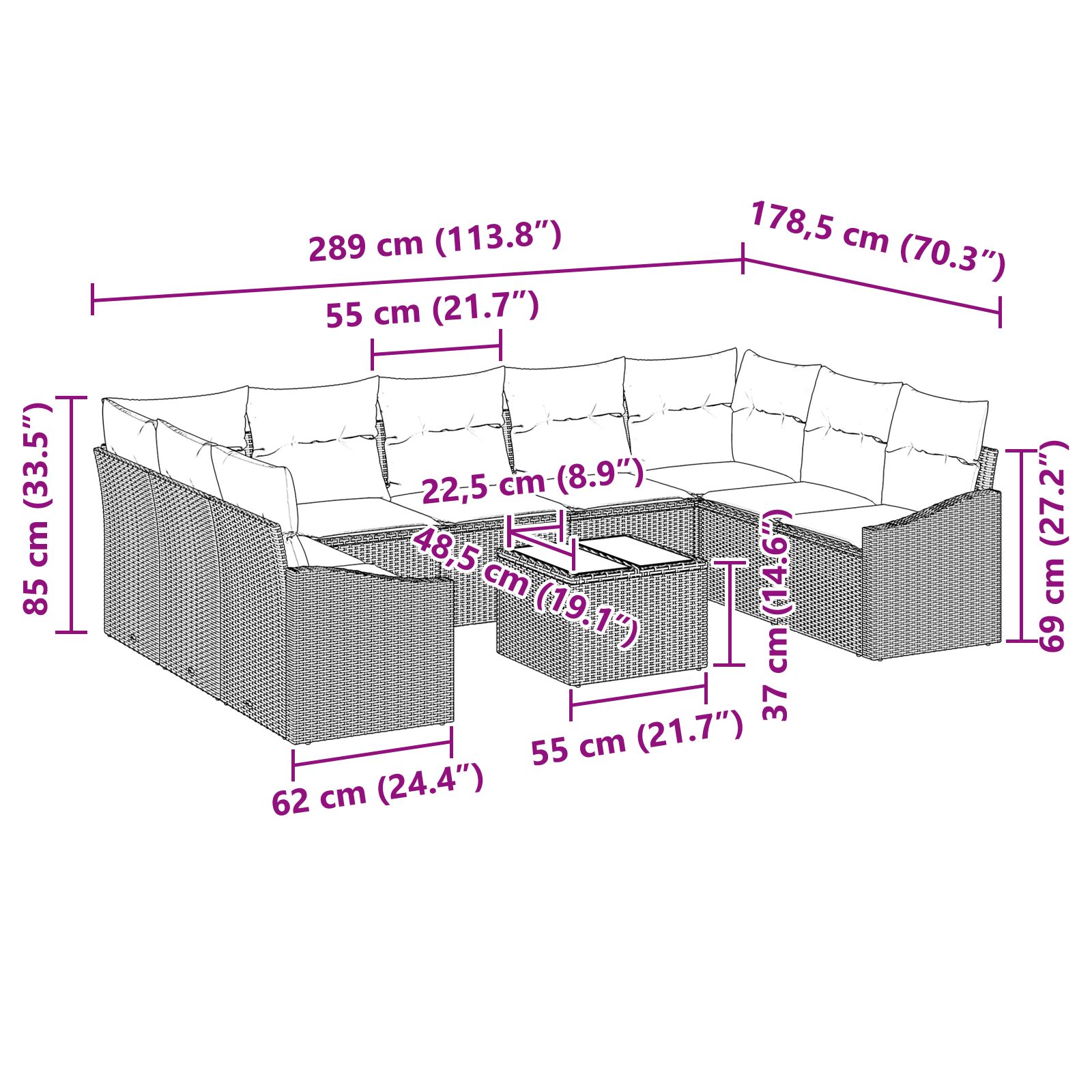 10 darabos kert kanapé szett párnákkal szürke poli rattan