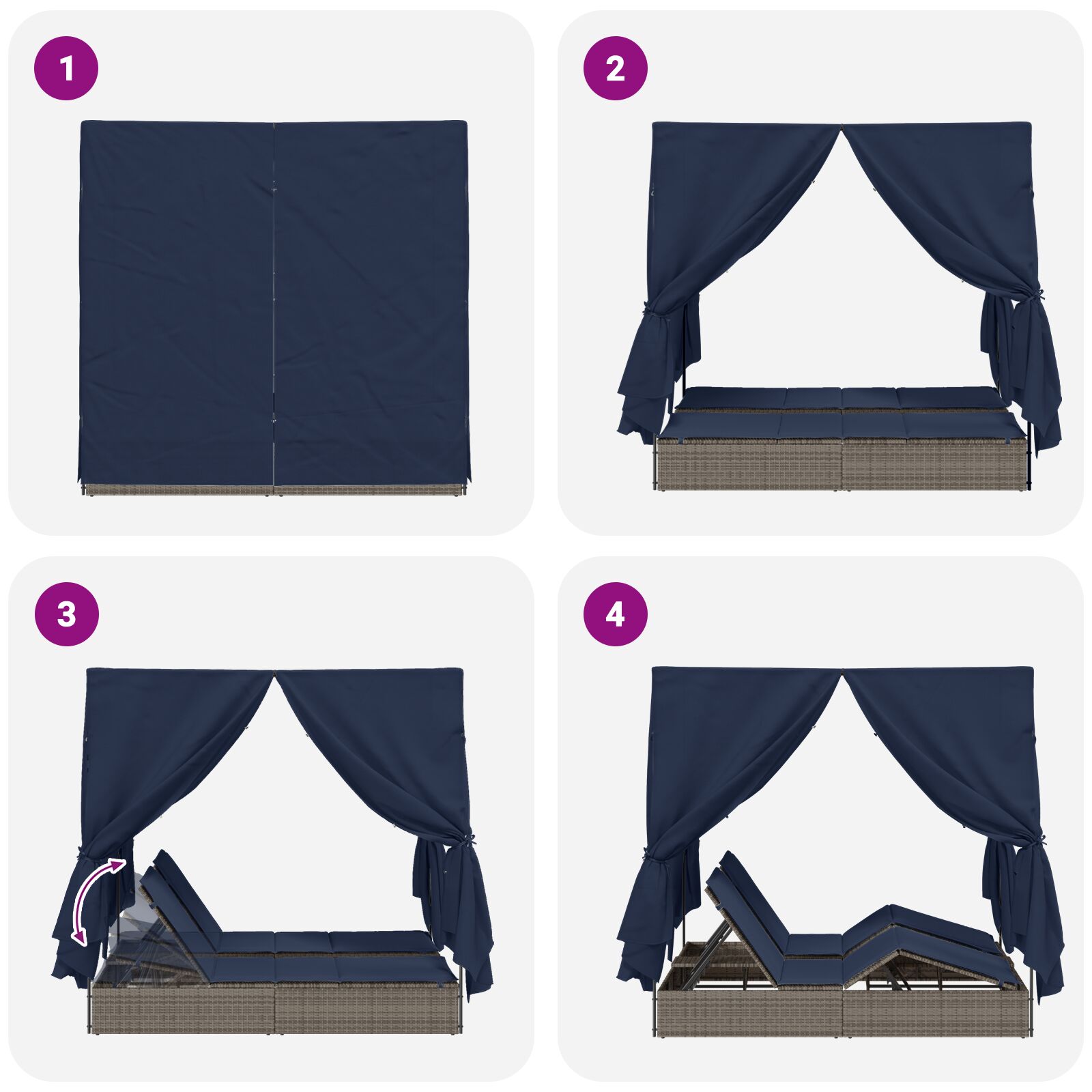 Kétszemélyes napozóágy 2 db szürke és tengerészkék rattan nagy