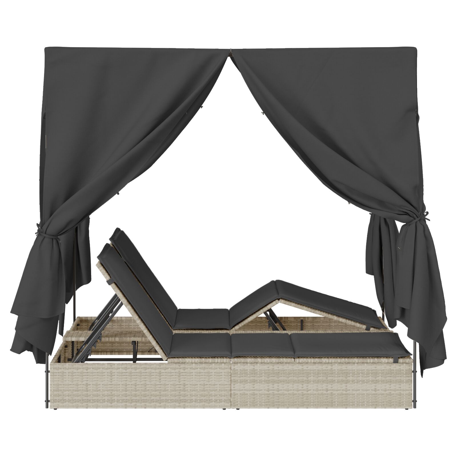 Dupla napágy tetővel és függönyökkel világosszürke poli rattan