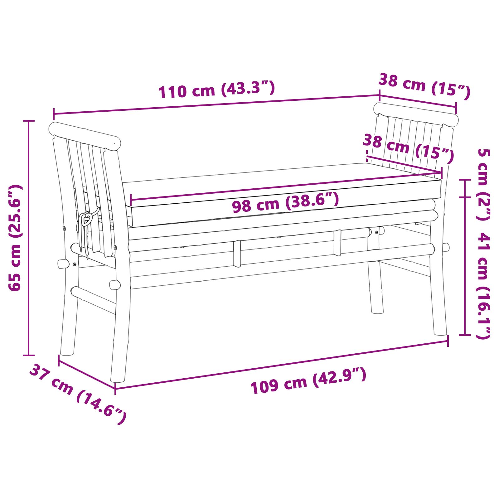 Kerti pad párnával 110 cm bambusz