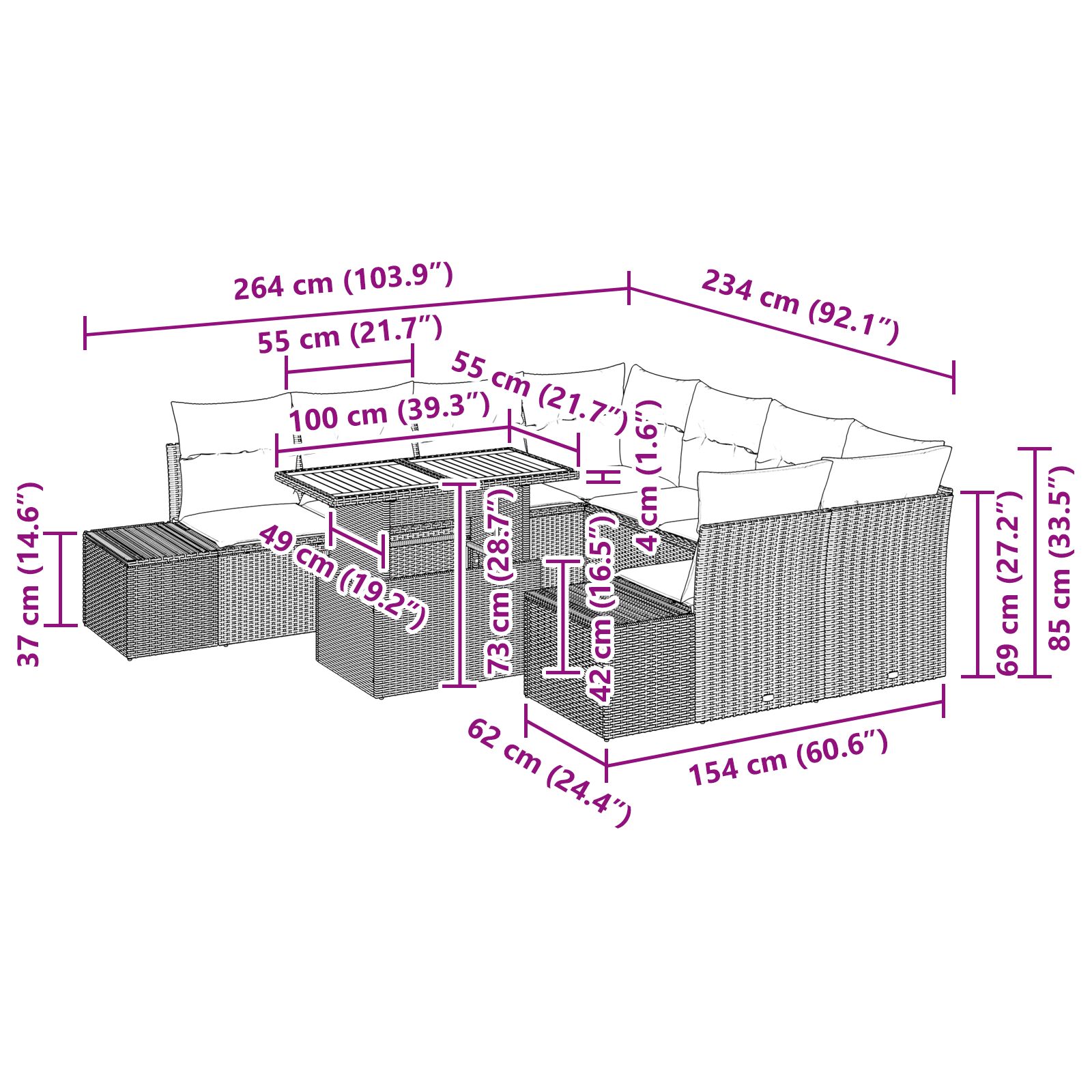 Kerti kanapé szett 9 részes fekete rattan kerti kanapé