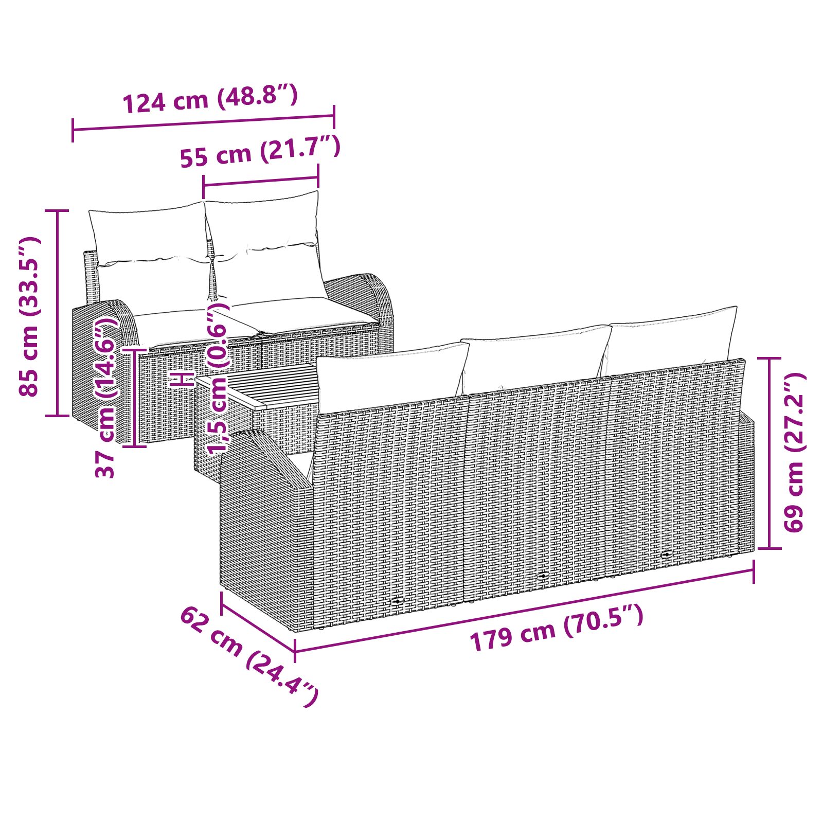 6 darabos kerti kanapé szett párnákkal fekete poli rattan akáccal