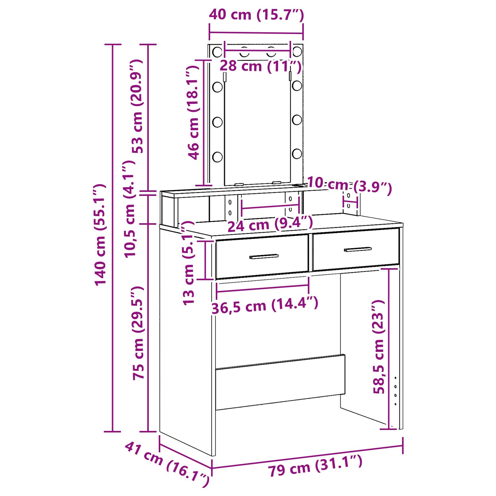 Sminkasztal led fényekkel - fehér - 79x41x140 cm