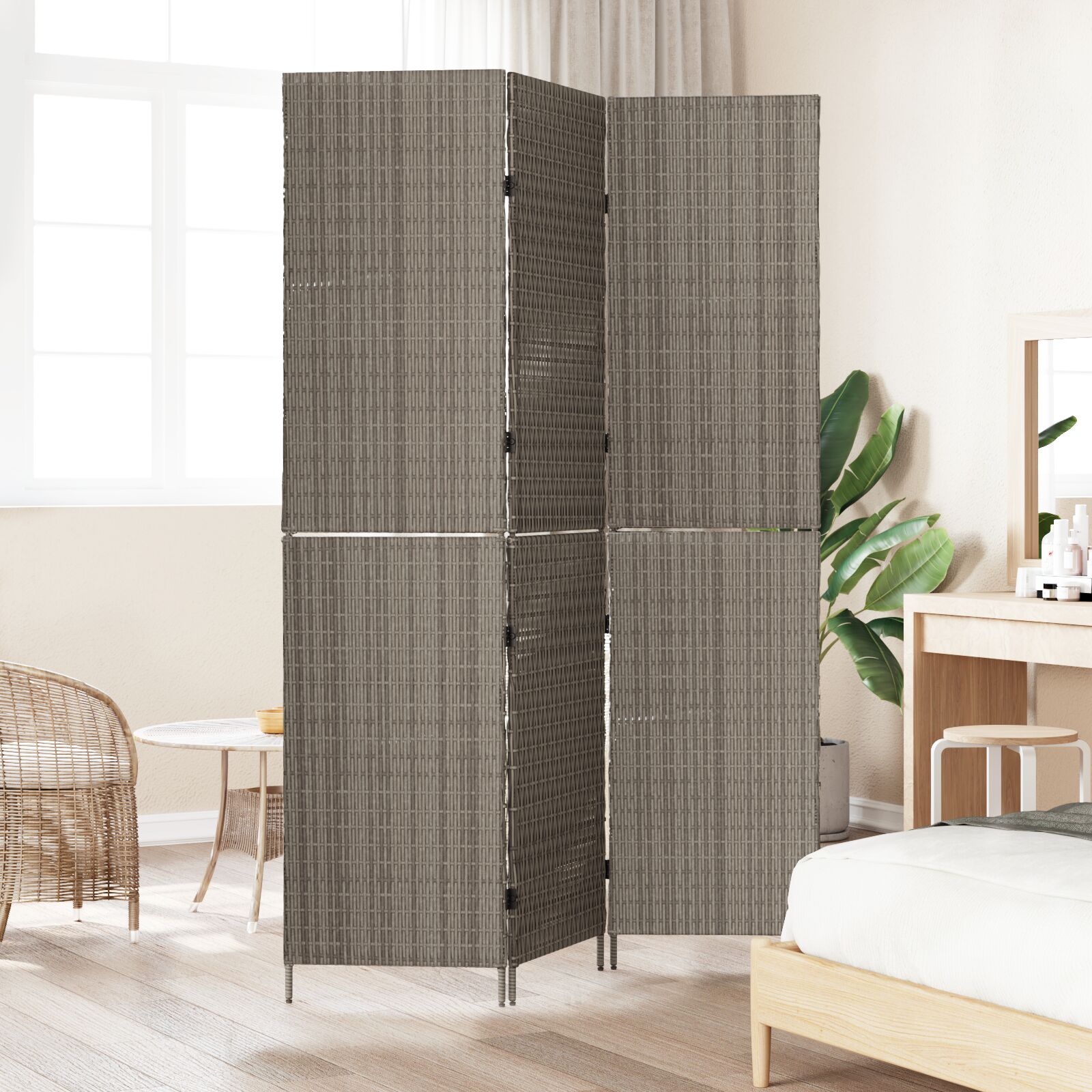 Szobaelválasztó 3 paneles összecsukható szürke 147x180 cm poly rattan Szobaelválasztó 3 paneles összecsukható szürke 147x180 cm poly rattan