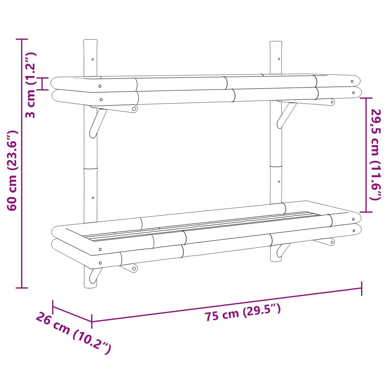 2-szintes falipolc 75x26x60 cm bambuszból