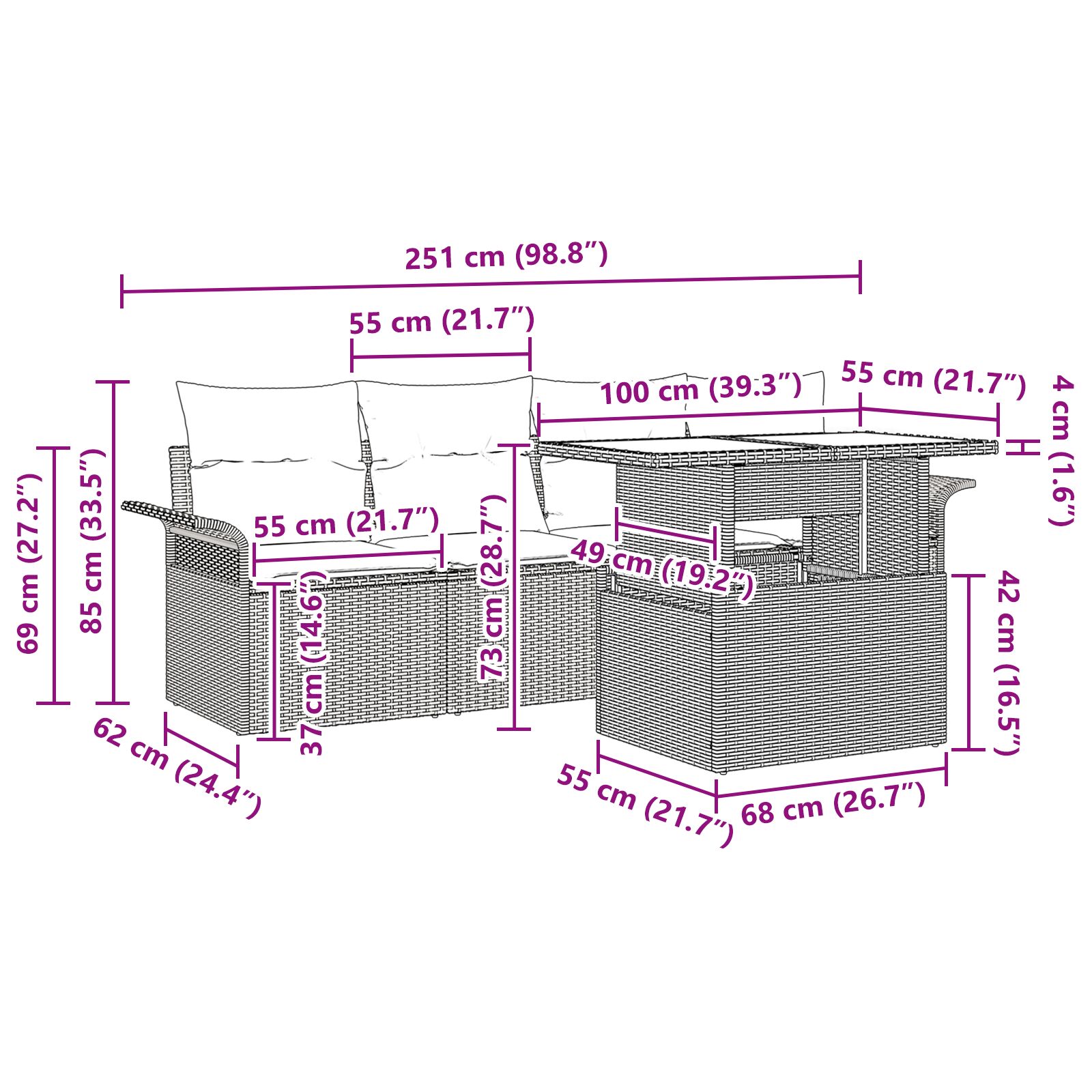 5 darabos kerti kanapé szett párnákkal fekete poli rattan