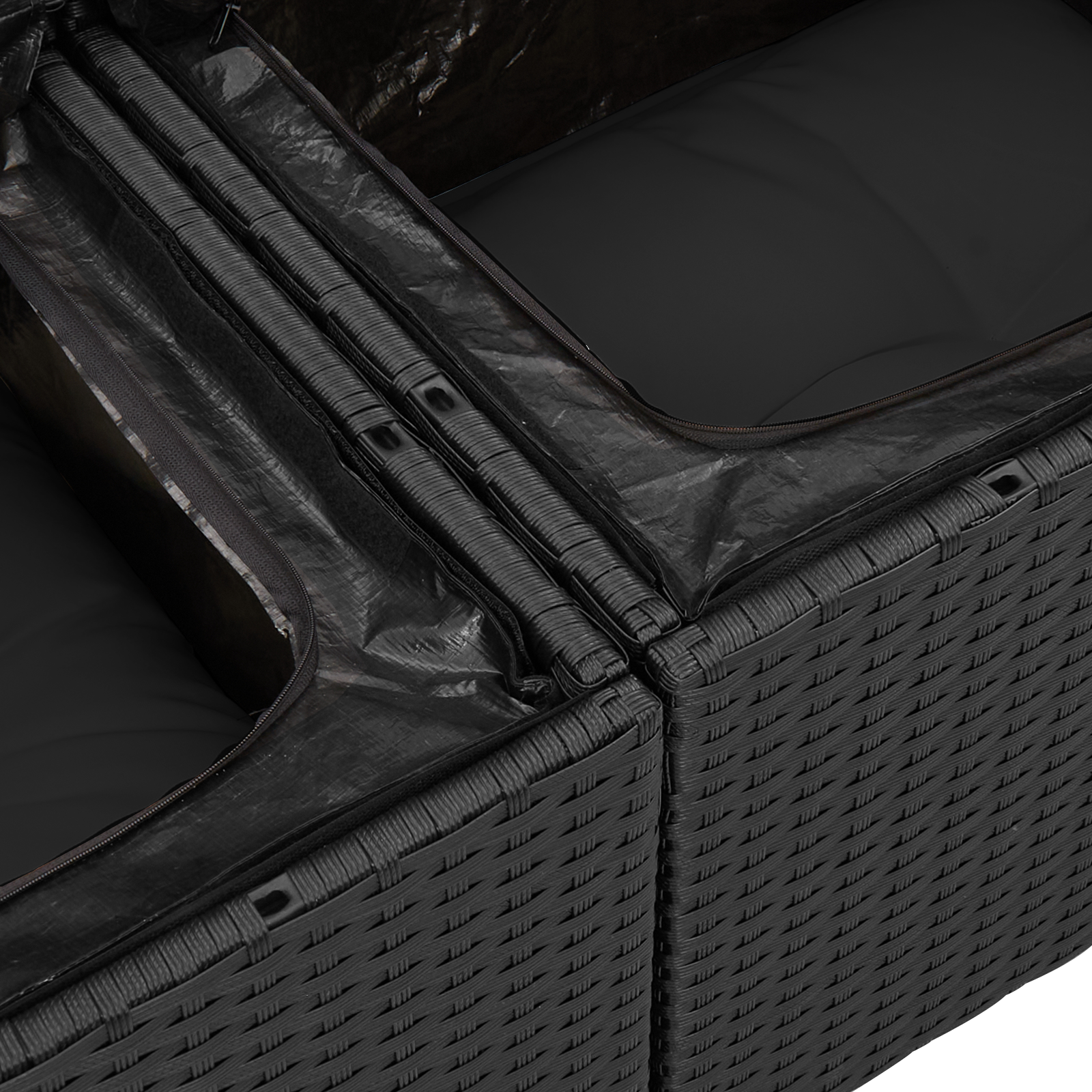 9 darabos kerti kanapé szett párnákkal fekete poli rattan, 2 személyes kerti kanapé tárolóval és párnákkal fekete poli rattan