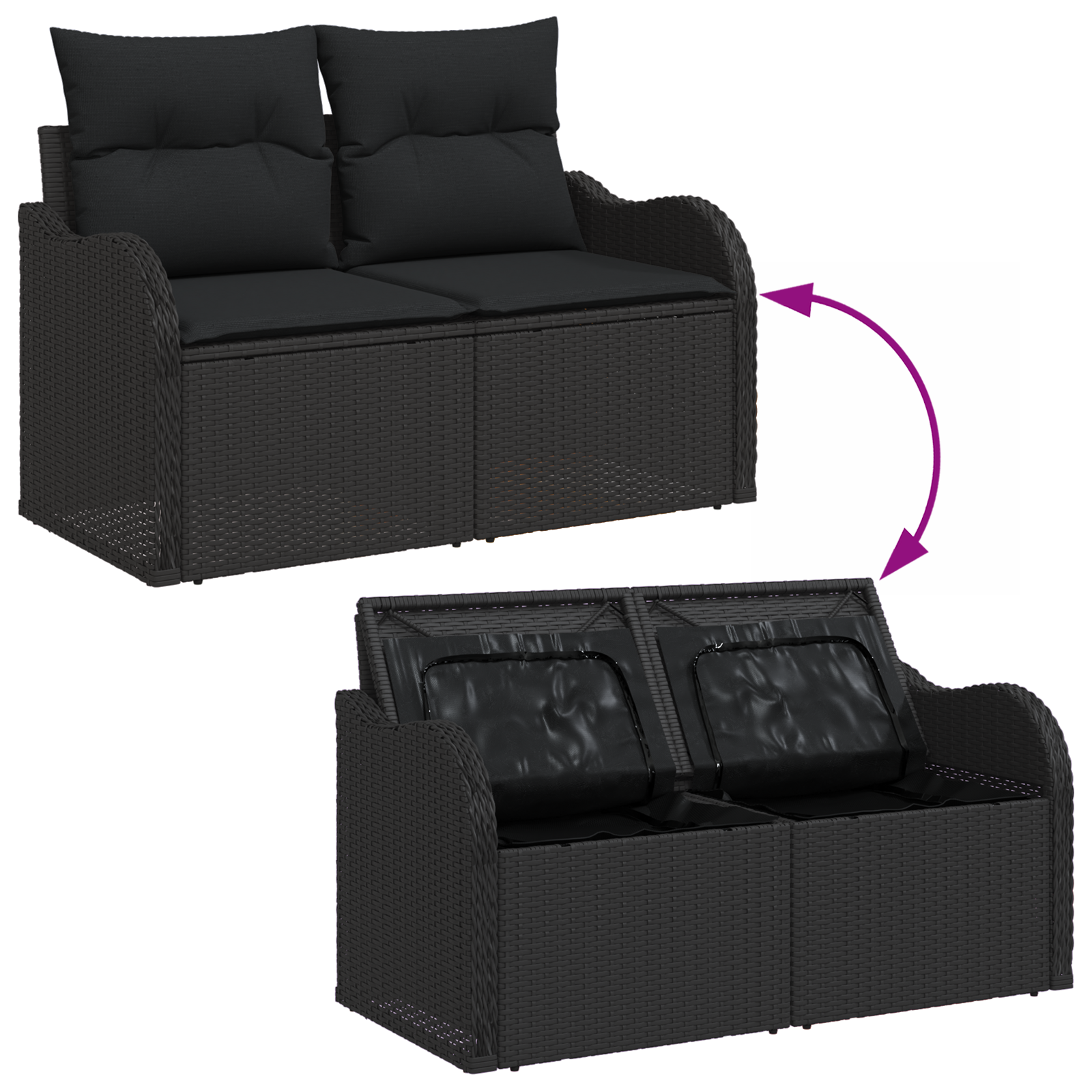7 darabos kert kanapé szett párnákkal fekete poli rattan, 2 férőhelyes kert kanapé tárolóval és párnákkal fekete poli rattan