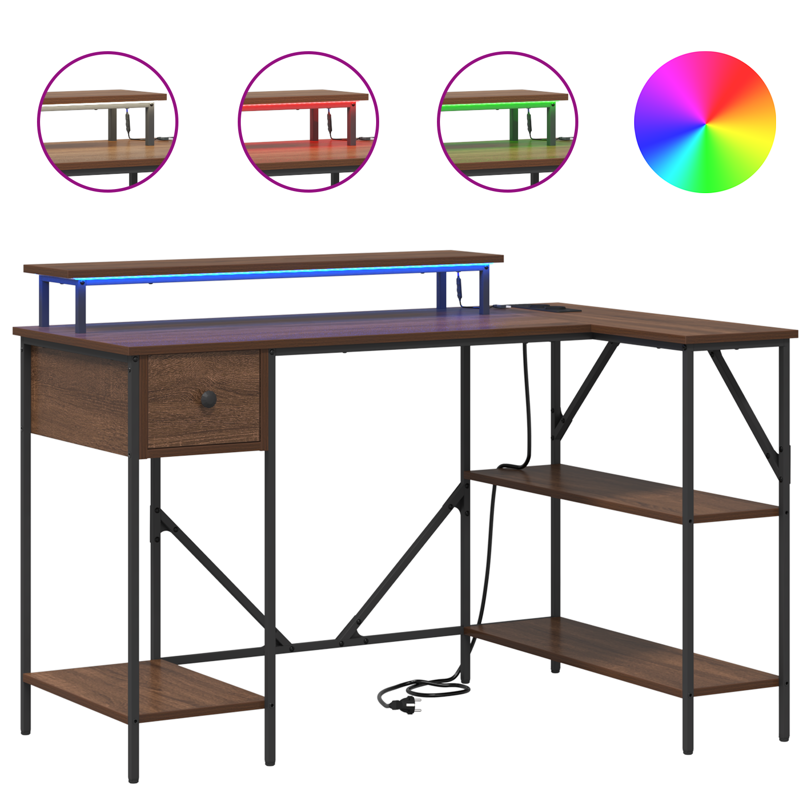 Asztal led -es lámpákkal fiókkal polcokkal tárolóval barna tölgy 120 x 79 x 86.5 cm faanyag