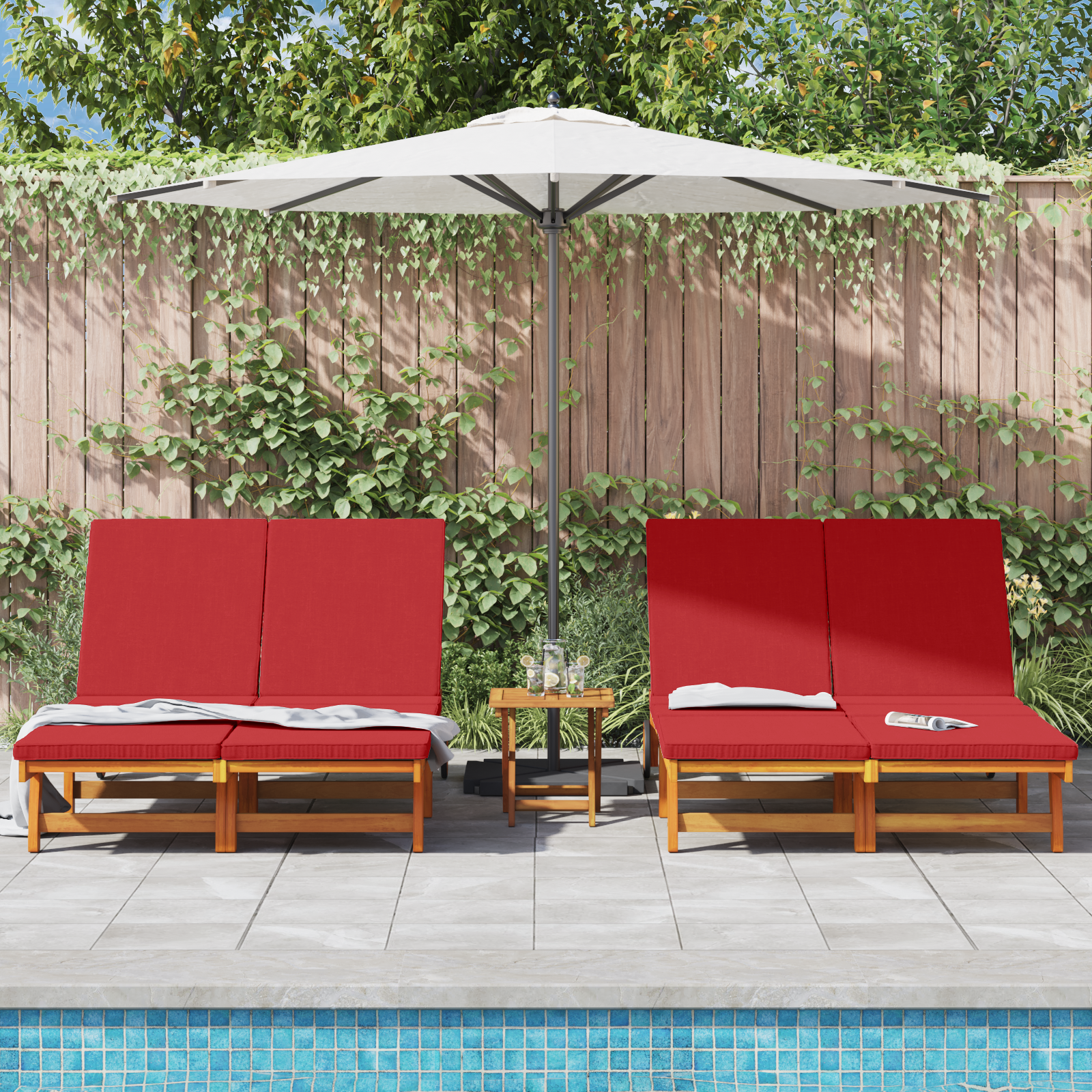 Kétfős napozóágy kerekekkel és párnával, szilárd akácfából