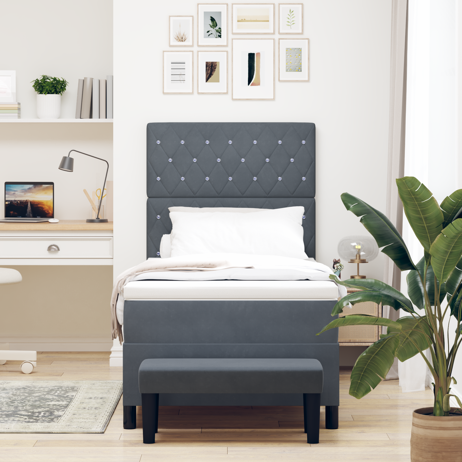 Box spring ágy matrac & pad sötétszürke 90x200 cm bársony Box spring ágy matrac & pad sötétszürke 90x200 cm bársony