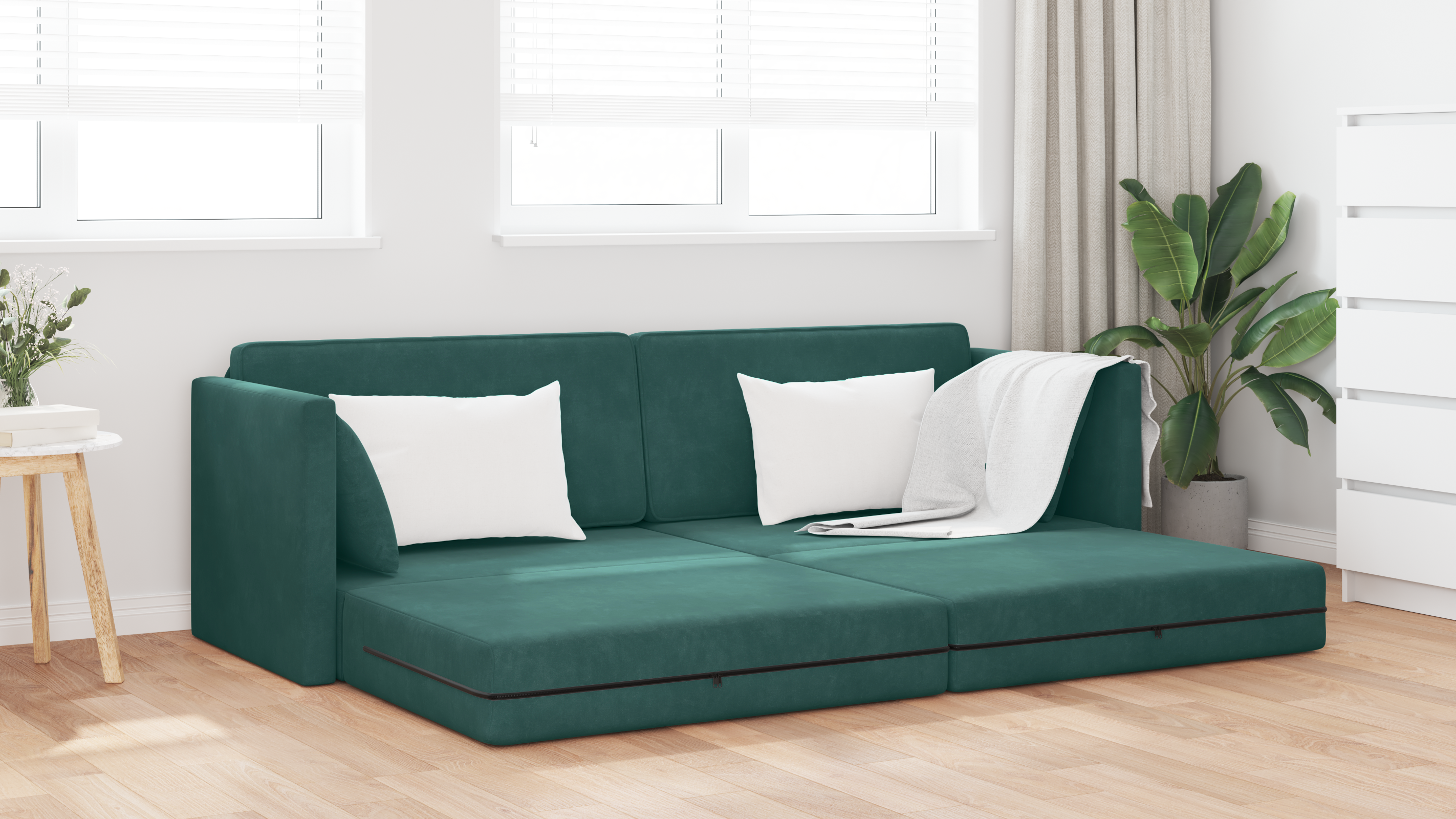 Földi kanapéágy 2 az 1-ben sötétzöld 213x144x60 cm szövet