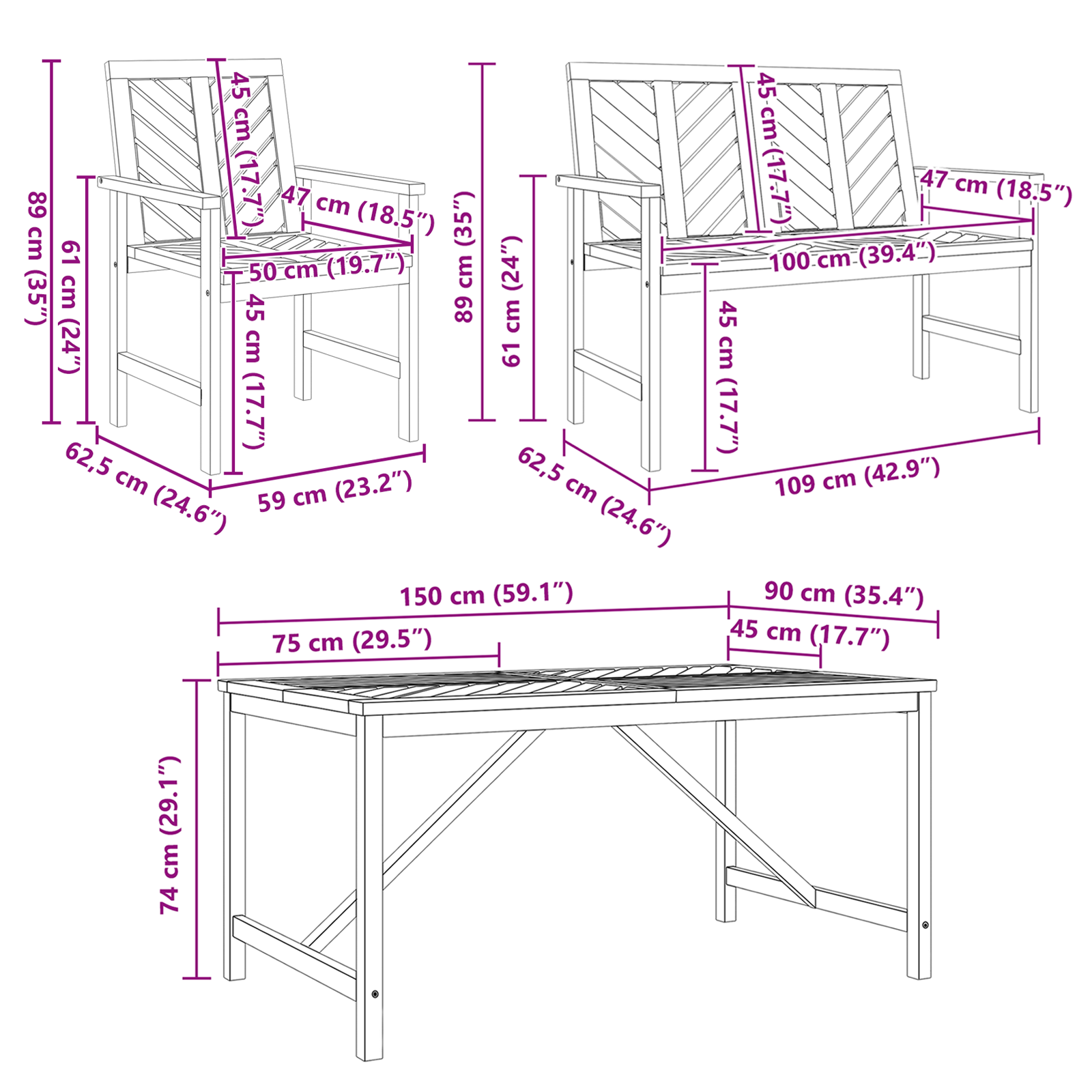 5 darabos kerti étkező készlet tömör akácfából