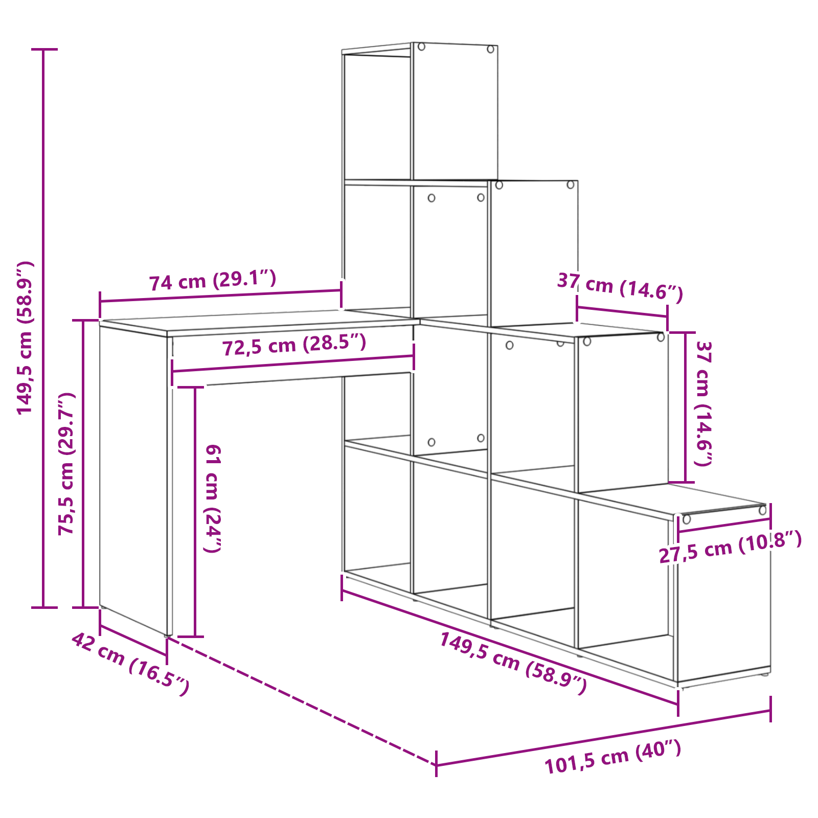 Sarokíróasztal polcokkal tárolóval régi fa 101,5 x 149,5 x 149,5 cm