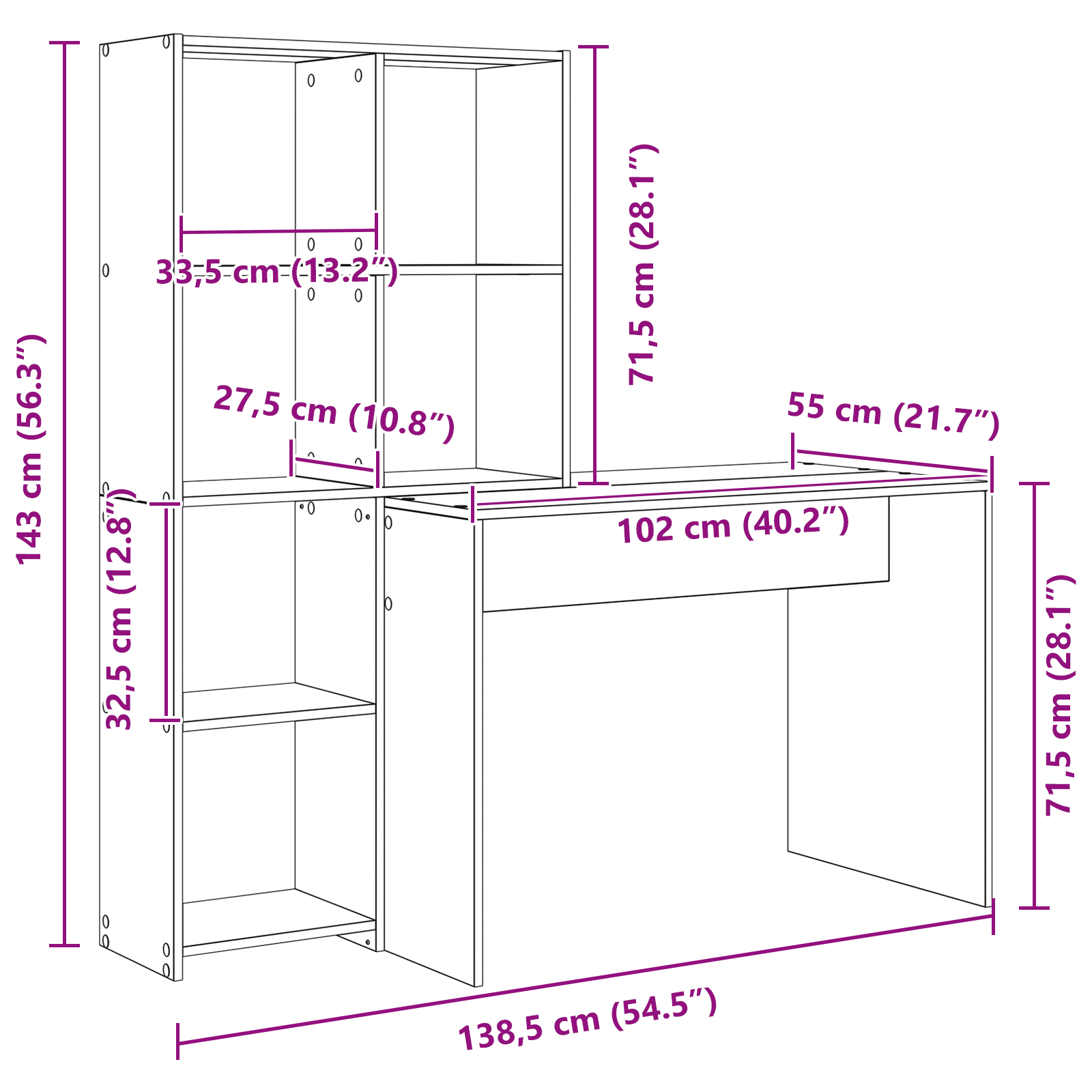 Asztal polcokkal tárolóval füstölt tölgy 138.5 x 55 x 143 cm faanyag