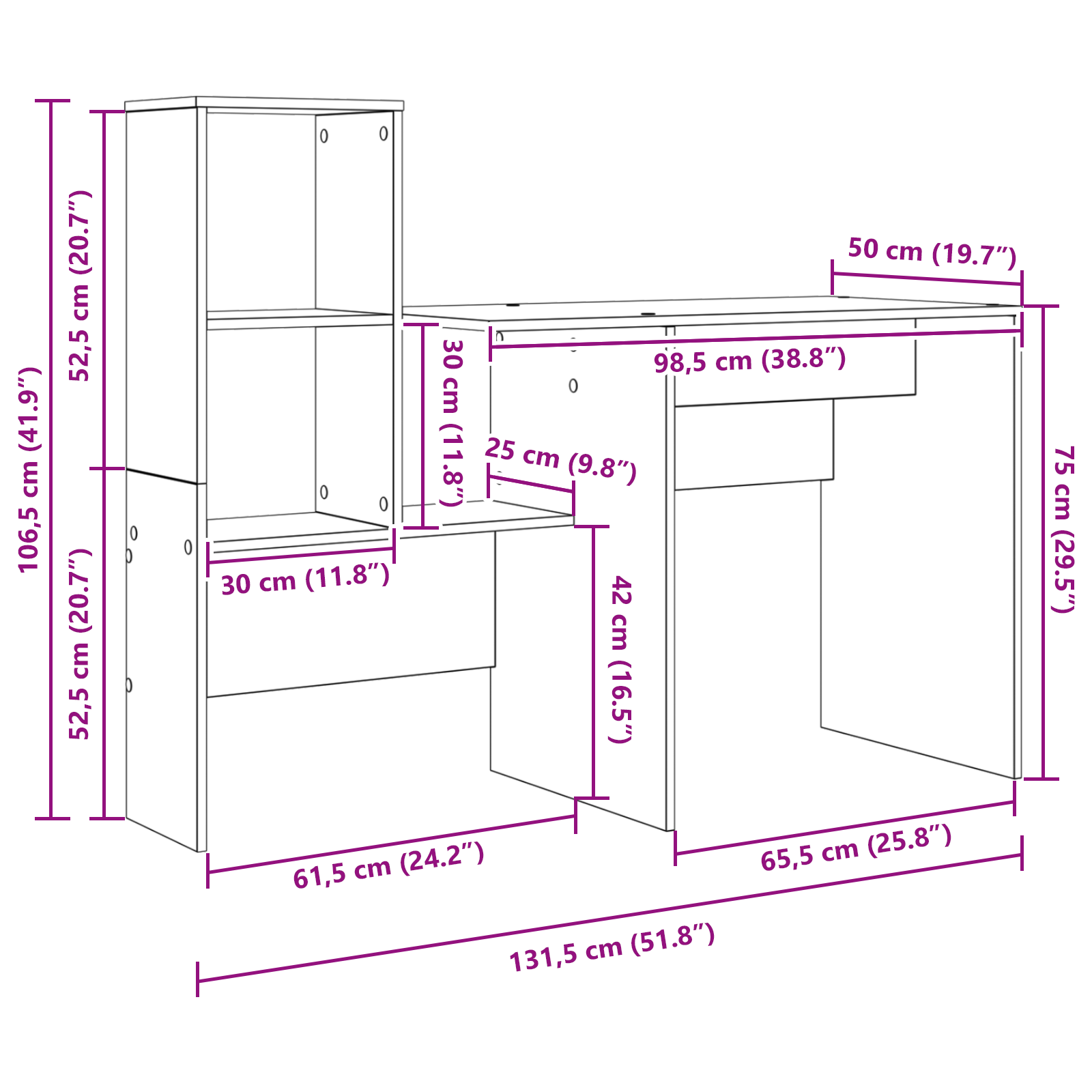 Asztal fiókkal polcokkal tárolóval füstölt tölgy 131.5 x 50 x 106.5 cm faanyag Asztal fiókkal polcokkal tárolóval füstölt tölgy 131.5 x 50 x 106.5 cm faanyag
