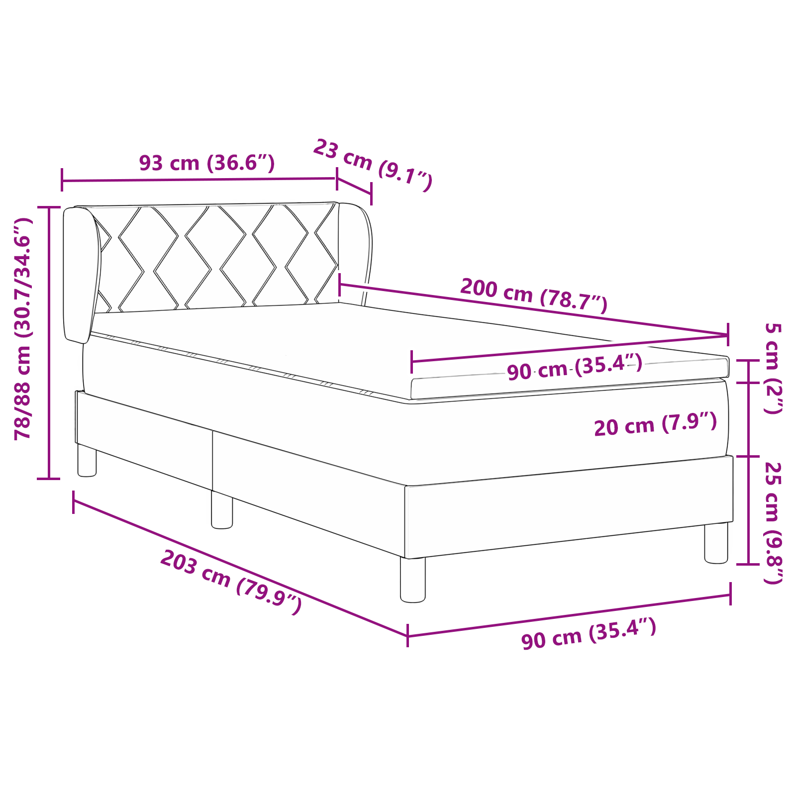 Boxspring ágy matrac nélkül sötétbarna 90x200 cm szövet