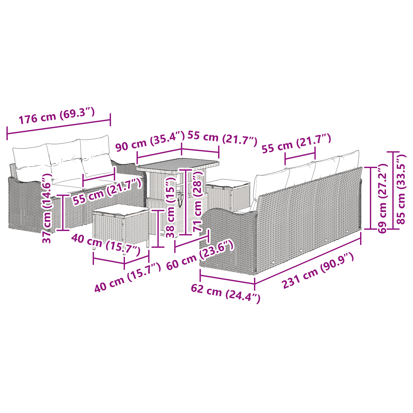10 darabos kerti kanapé készlet párnákkal szürke mű rattan akác