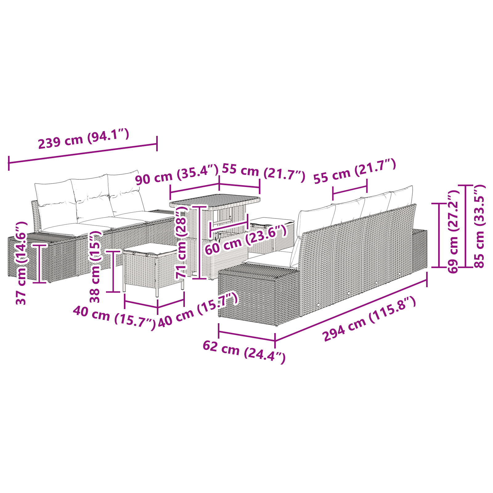 10 darabos kert kanapé szett párnákkal bézs poli rattan akác