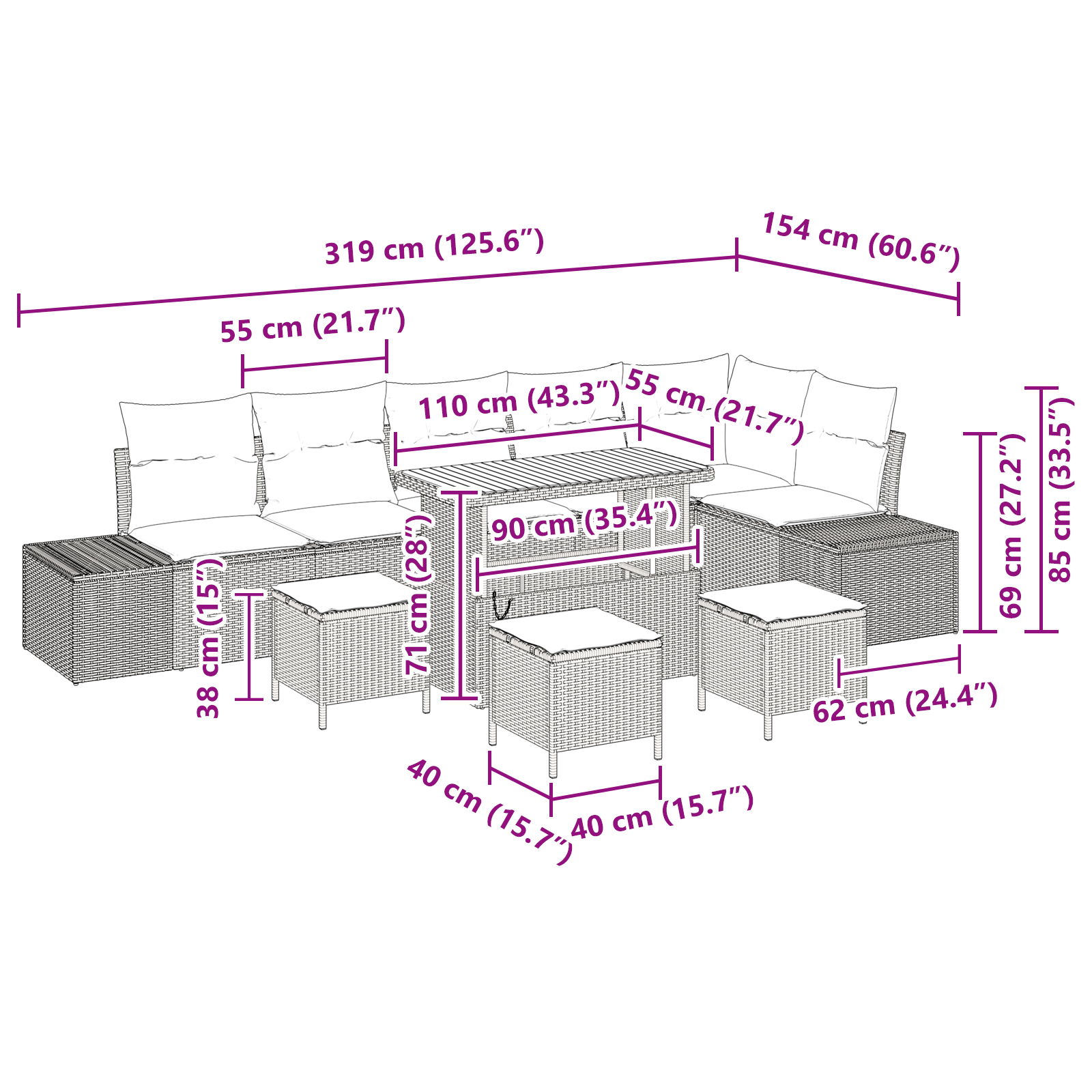10 darabos kerti kanapé szett párnákkal fekete polirattan akáciával, 2 fős kerti kanapé párnákkal fekete polirattan, 4 darabos kerti étkező szett párnákkal fekete polirattan akáciával