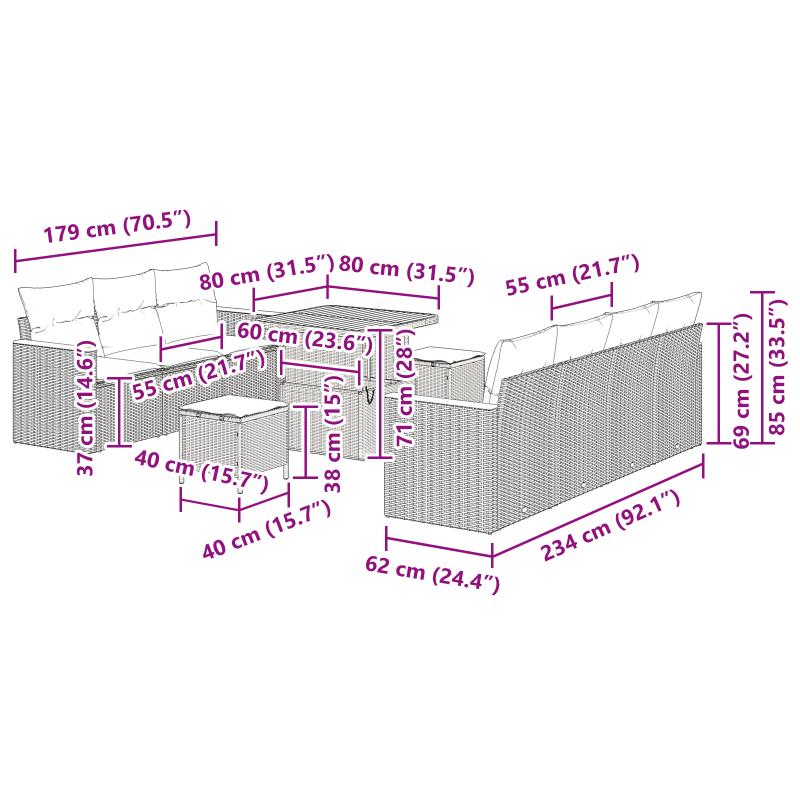10 darabos kerti kanapészett párnákkal fekete poli rattan akác