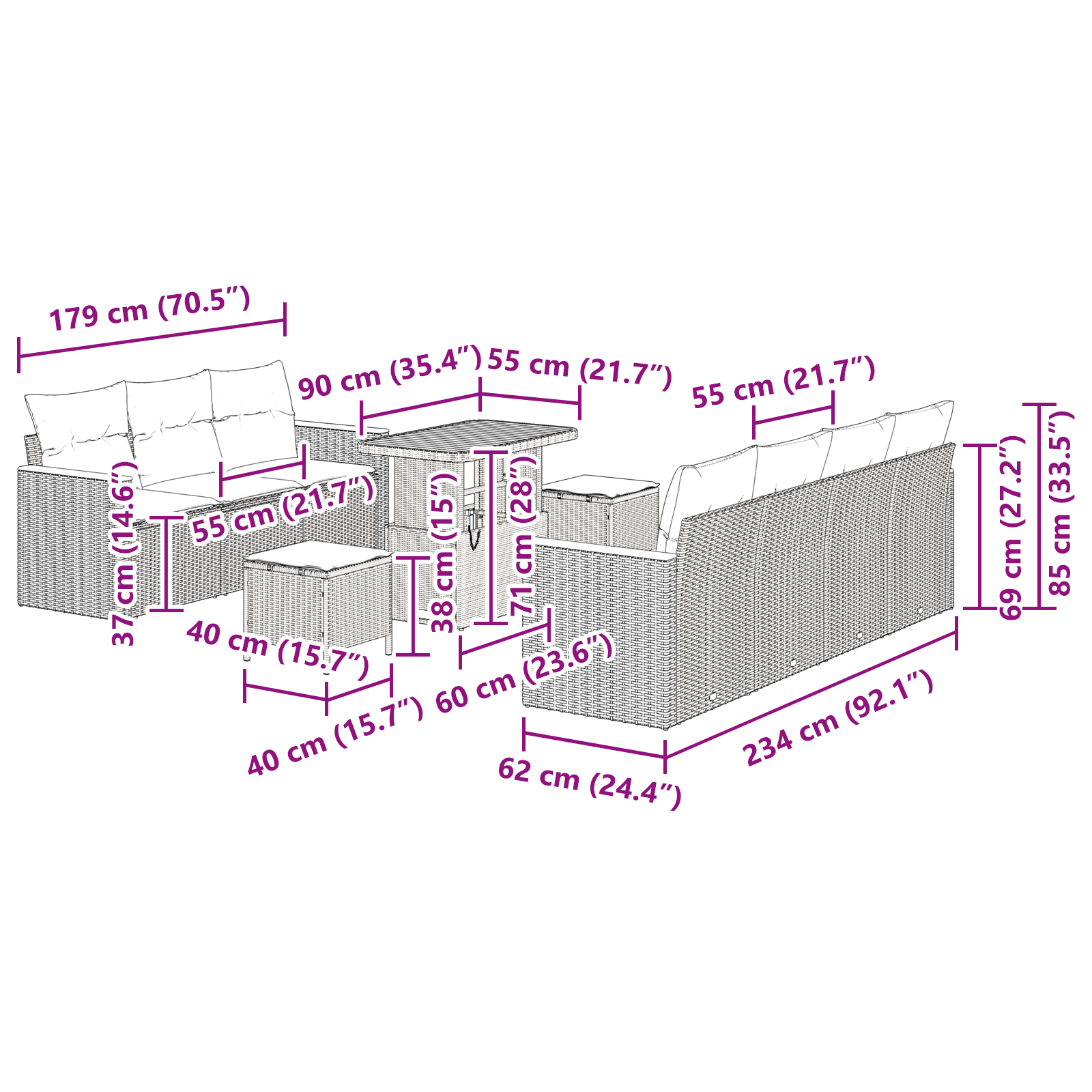 10 darabos kert sofa szett párnákkal bézs poli rattan akáciával