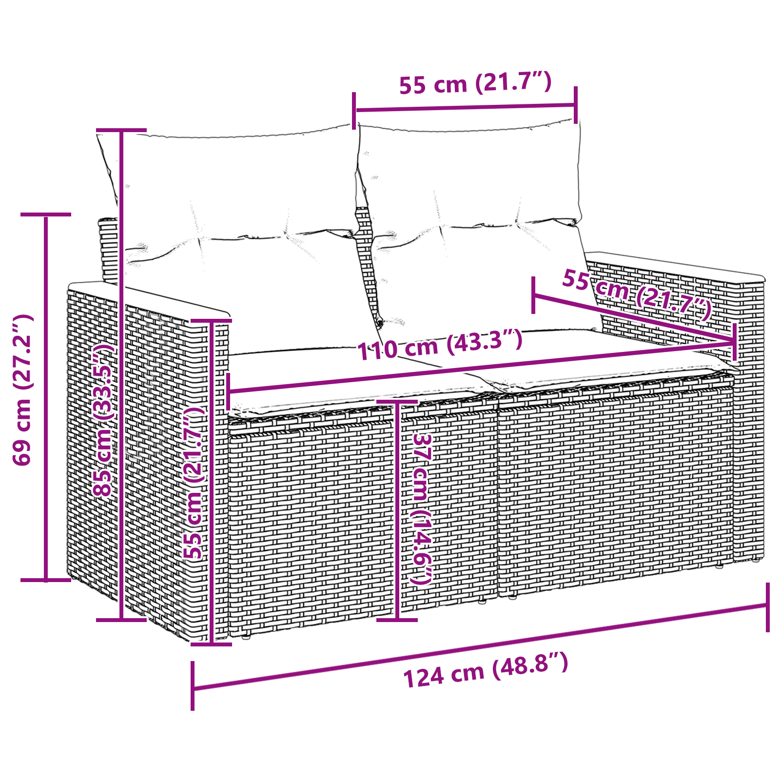 10 darabos kerti kanapé szett párnákkal fekete poli rattan akác