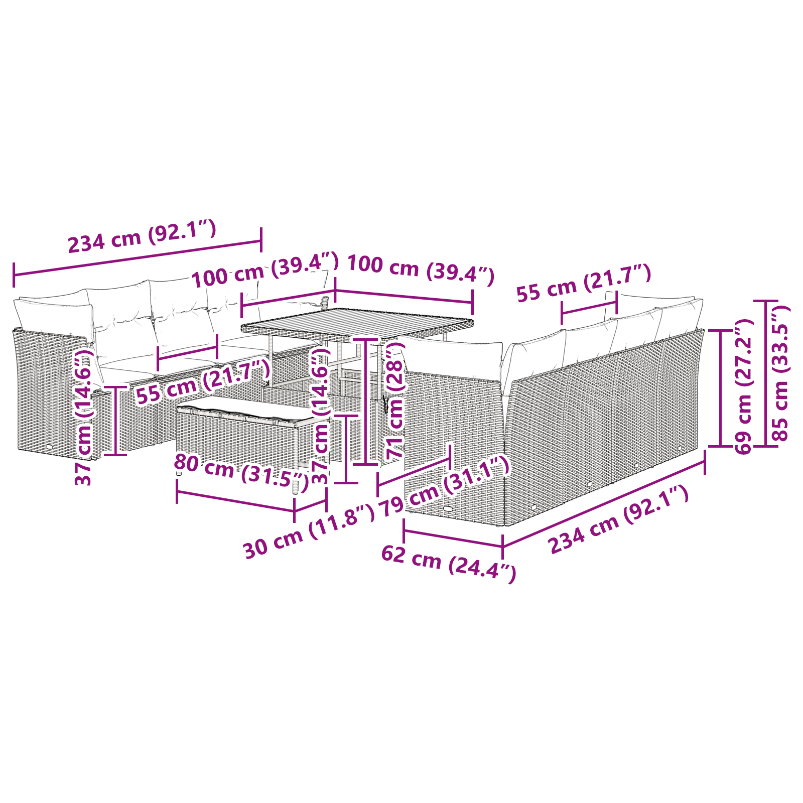 11 darabos kerti kanapé szett párnákkal bézs poli rattan akác