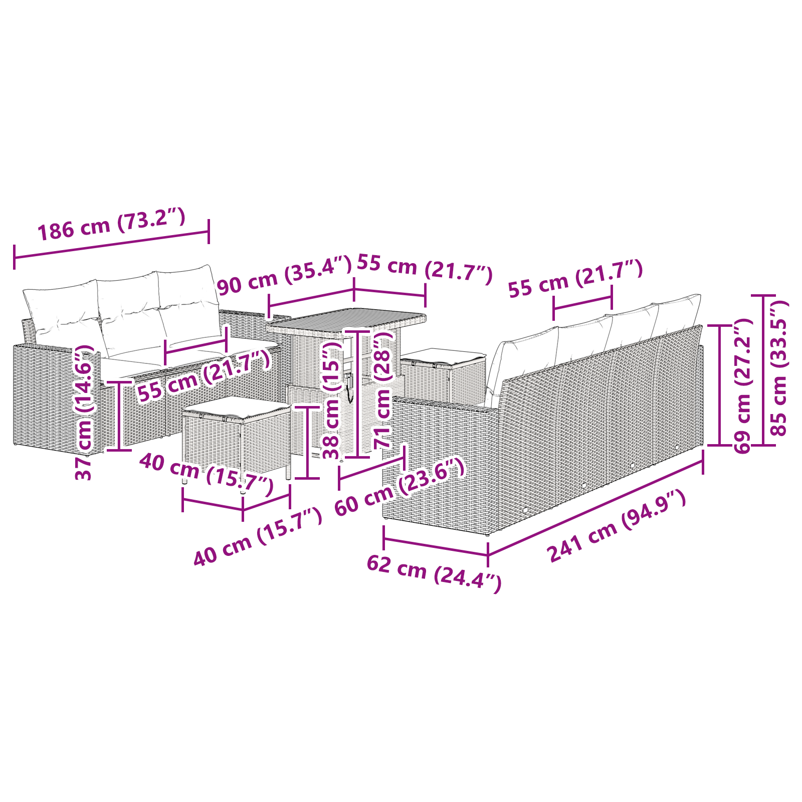 10 darabos kertibútor szett párnákkal fekete polirattan akácfa