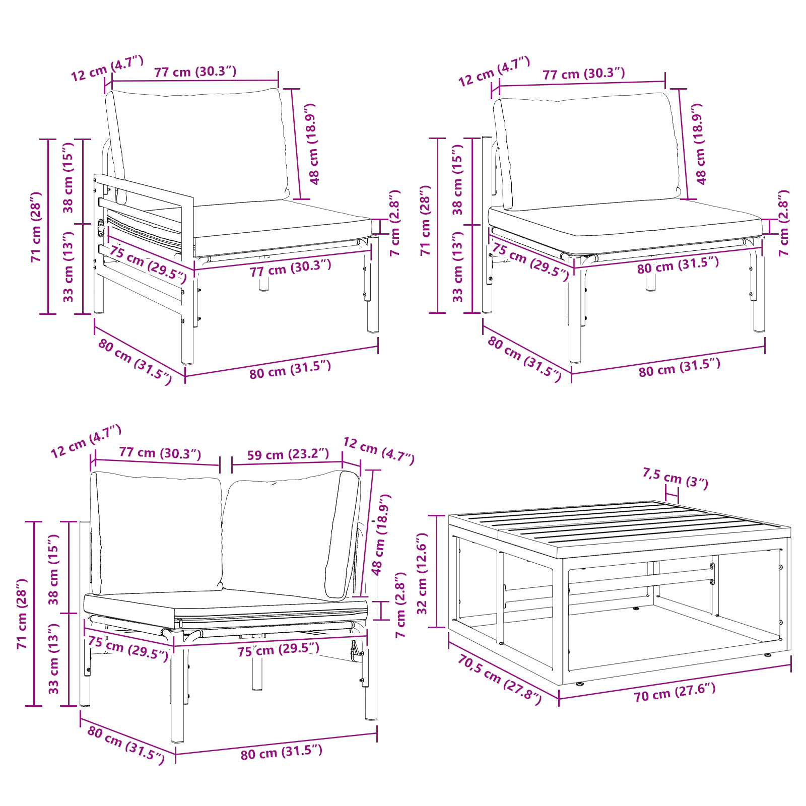 Kerti kanapé szett 11 pcs antracitszürke acél