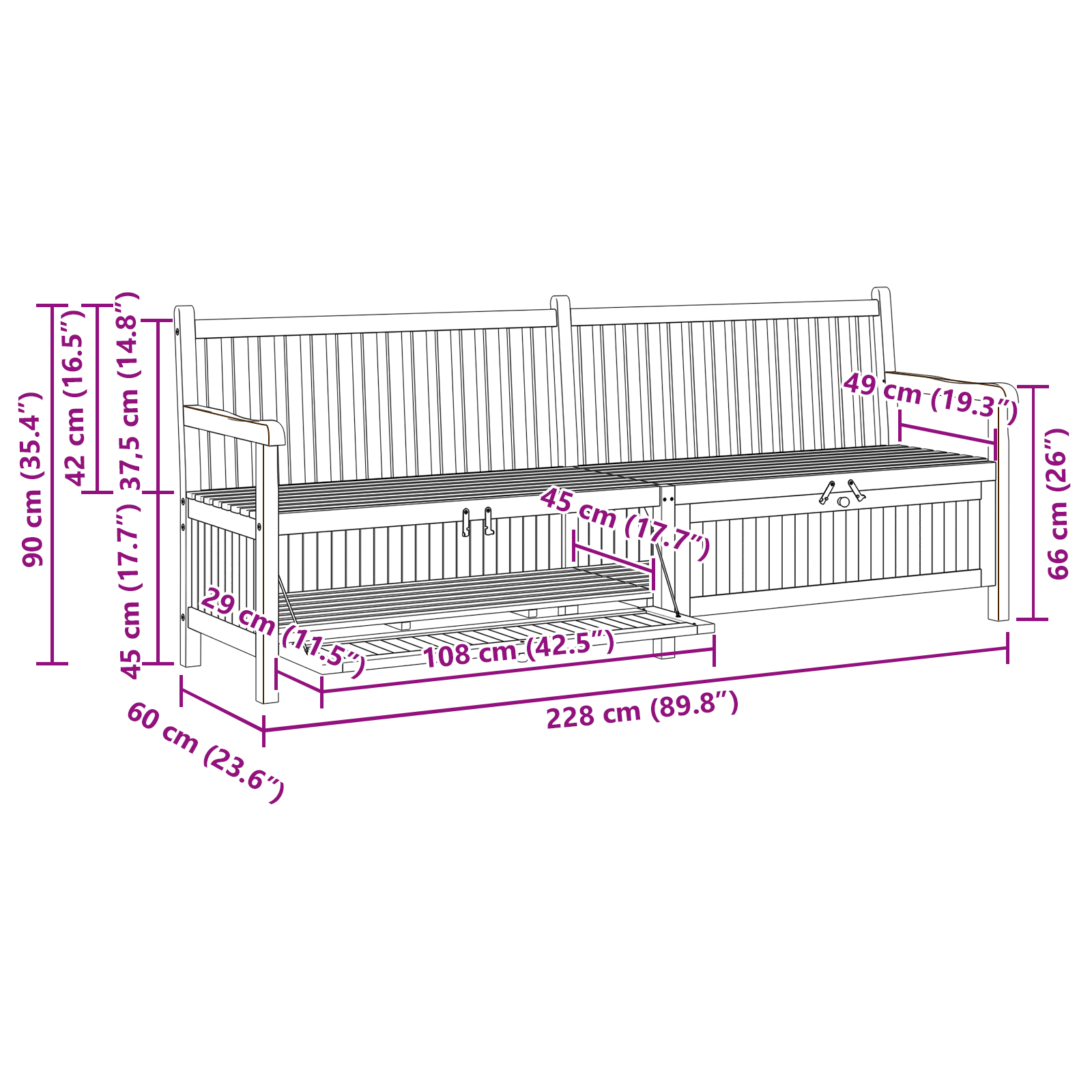 Kerti tároló pad tárolóval barna 228 x 60 x 90 cm tömör tíkfa