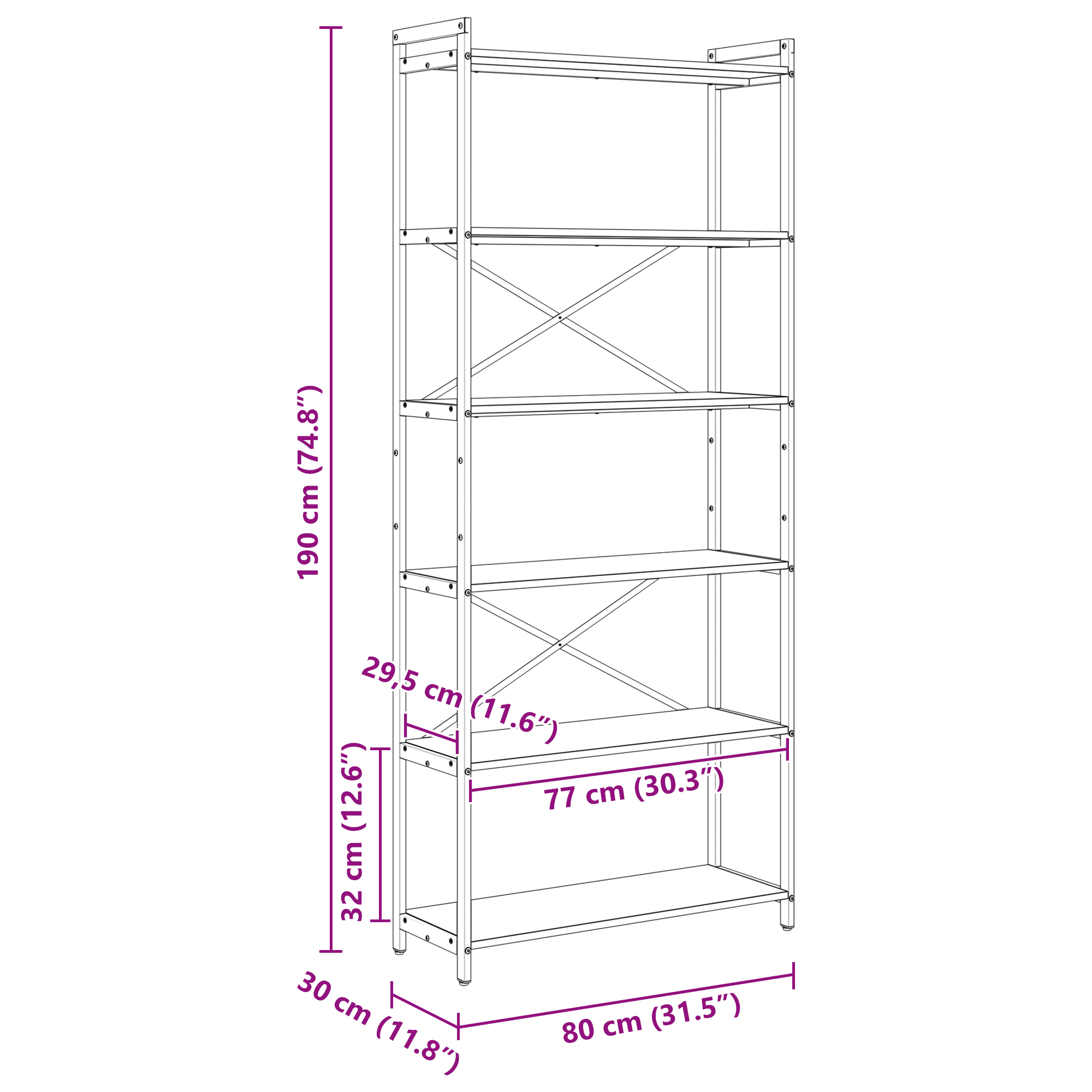 Könyvszekrény musta tammi 80 x 30 x 188 cm fa és acél