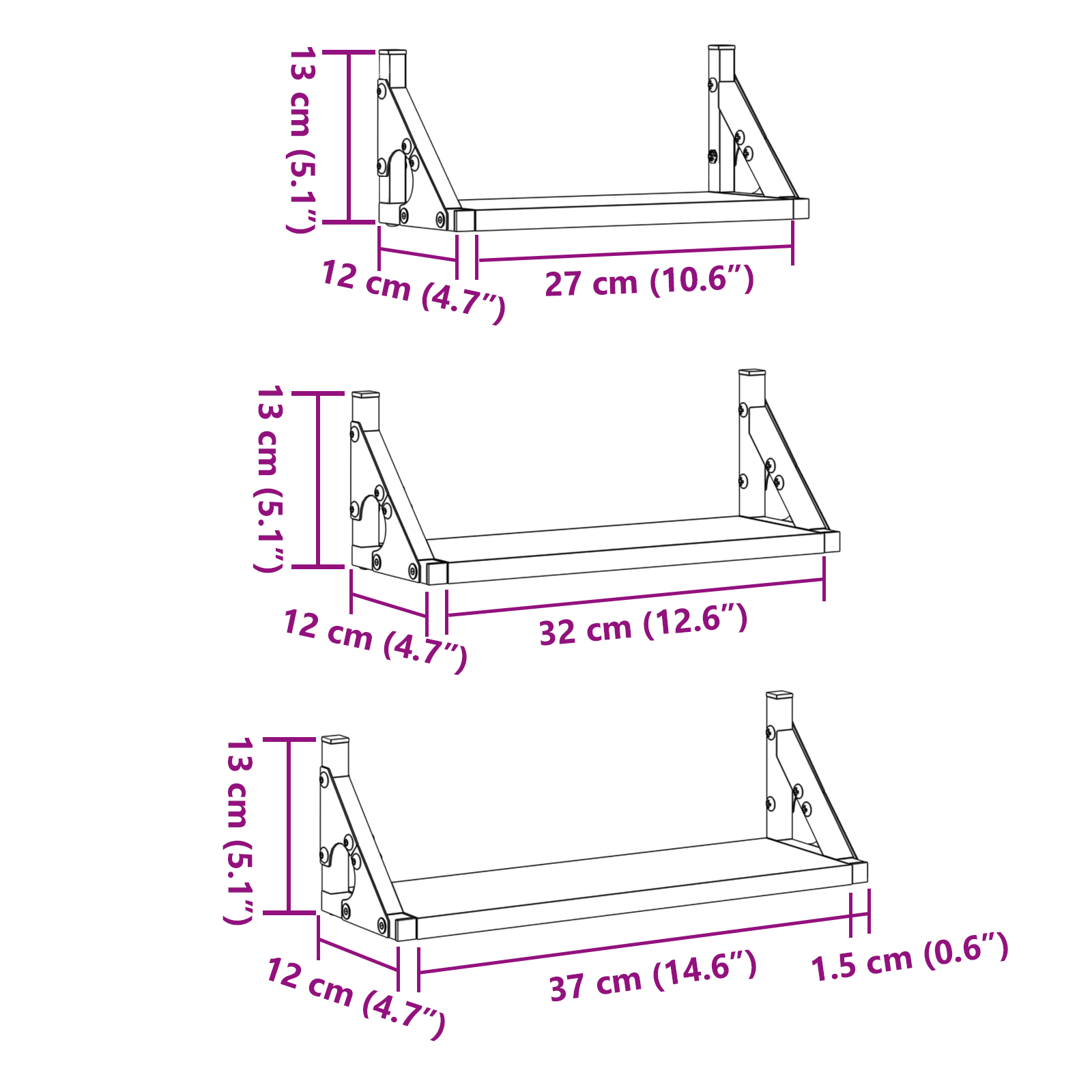 3 darabos fali polc szett fekete tölgy mérnöki fa