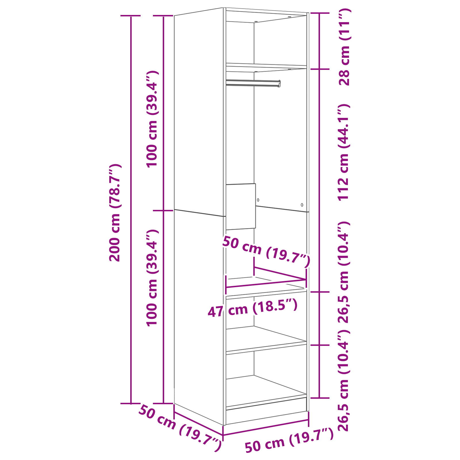 Ruhásszekrény polcokkal tárolóval régi fa 50 x 50 x 200 cm faanyag