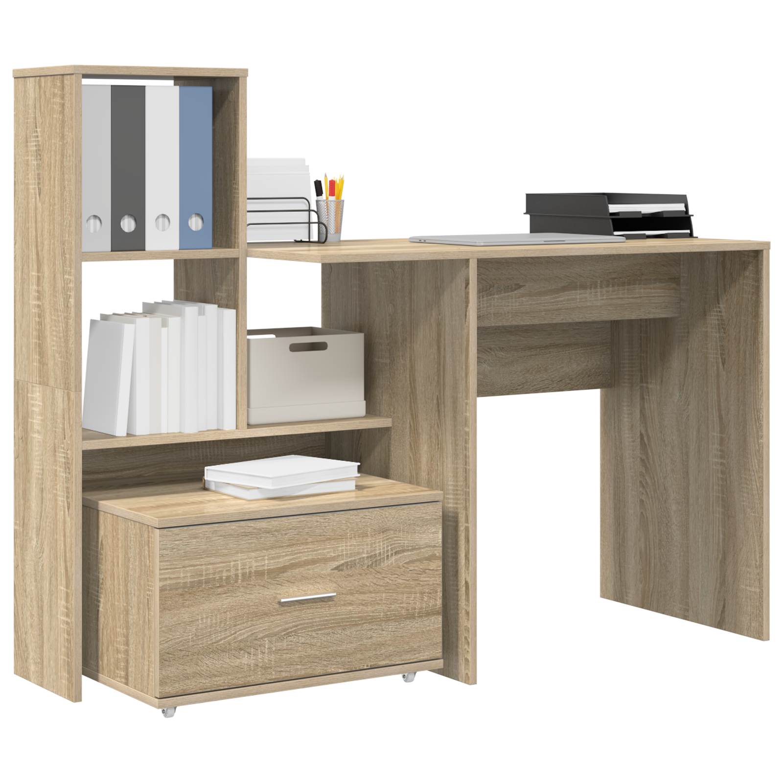 Asztal fiókkal polcokkal tárolóval sonoma tölgy 131.5 x 50 x 106.5 cm faanyag