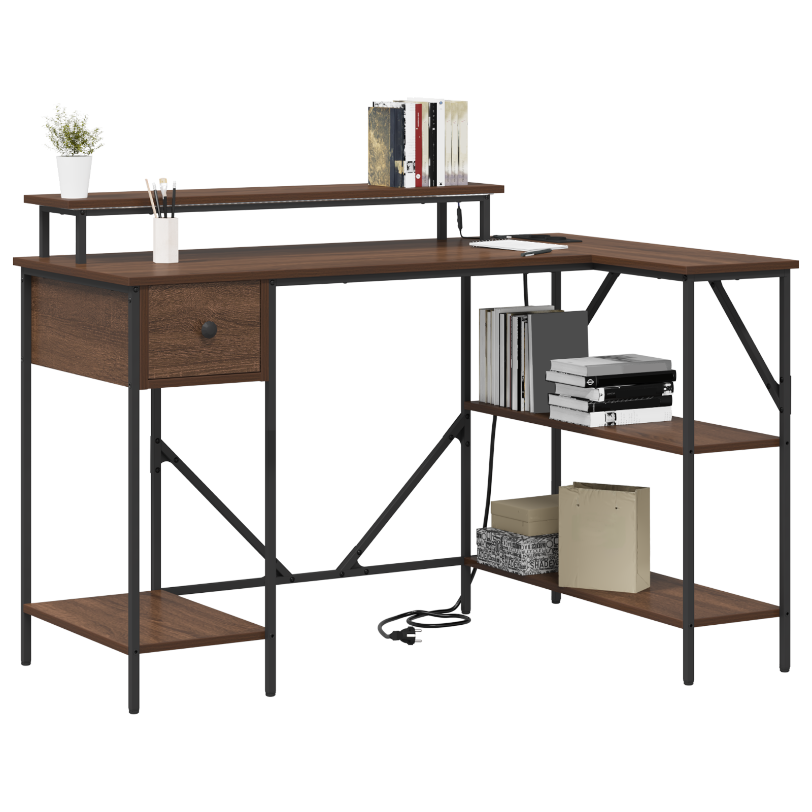 Asztal led -es lámpákkal fiókkal polcokkal tárolóval barna tölgy 120 x 79 x 86.5 cm faanyag