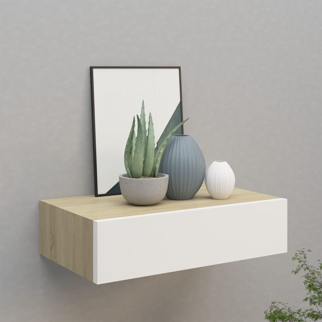 Tölgy és fehér falra szerelhető fiókos polc 40 x 23,5 x 10 cm