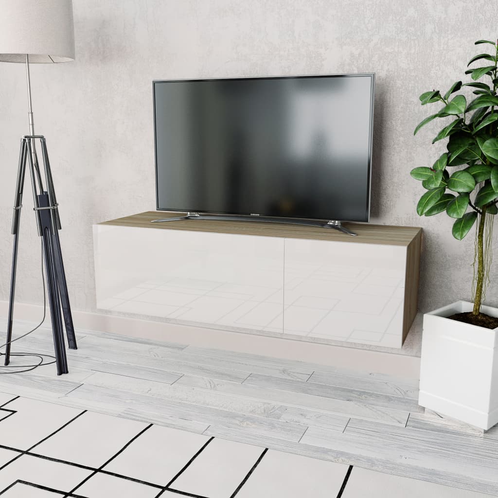 Tölgyfa/fehér magasfényű furnér tv szekrény 120 x 40 x 34 cm Tölgyfa/fehér magasfényű furnér tv szekrény 120 x 40 x 34 cm