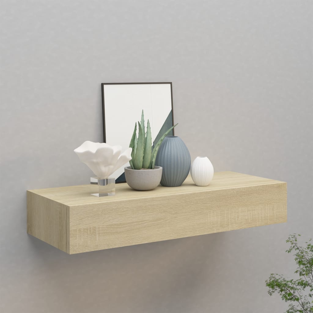 Tölgyszínű falra szerelhető fiókos polc 60 x 23,5 x 10 cm